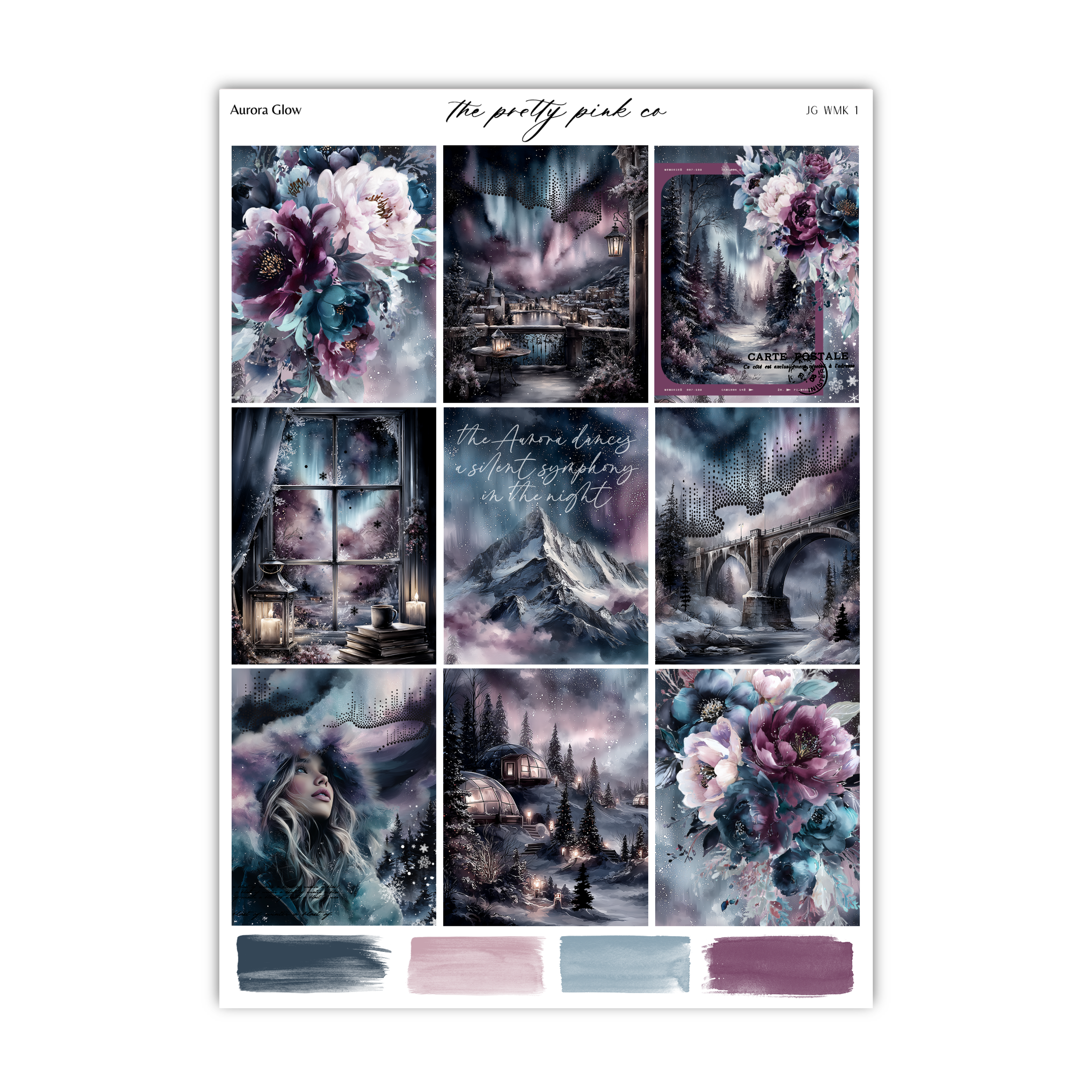 The image is a collage of nine different images, each depicting a unique scene or landscape. The images include a woman with a hat, a snowy mountain, a castle, a forest, a bridge, a castle, a castle, a castle, and a castle. The collage is titled "The pretty pink co" and includes a color palette of purple, blue, and pink.