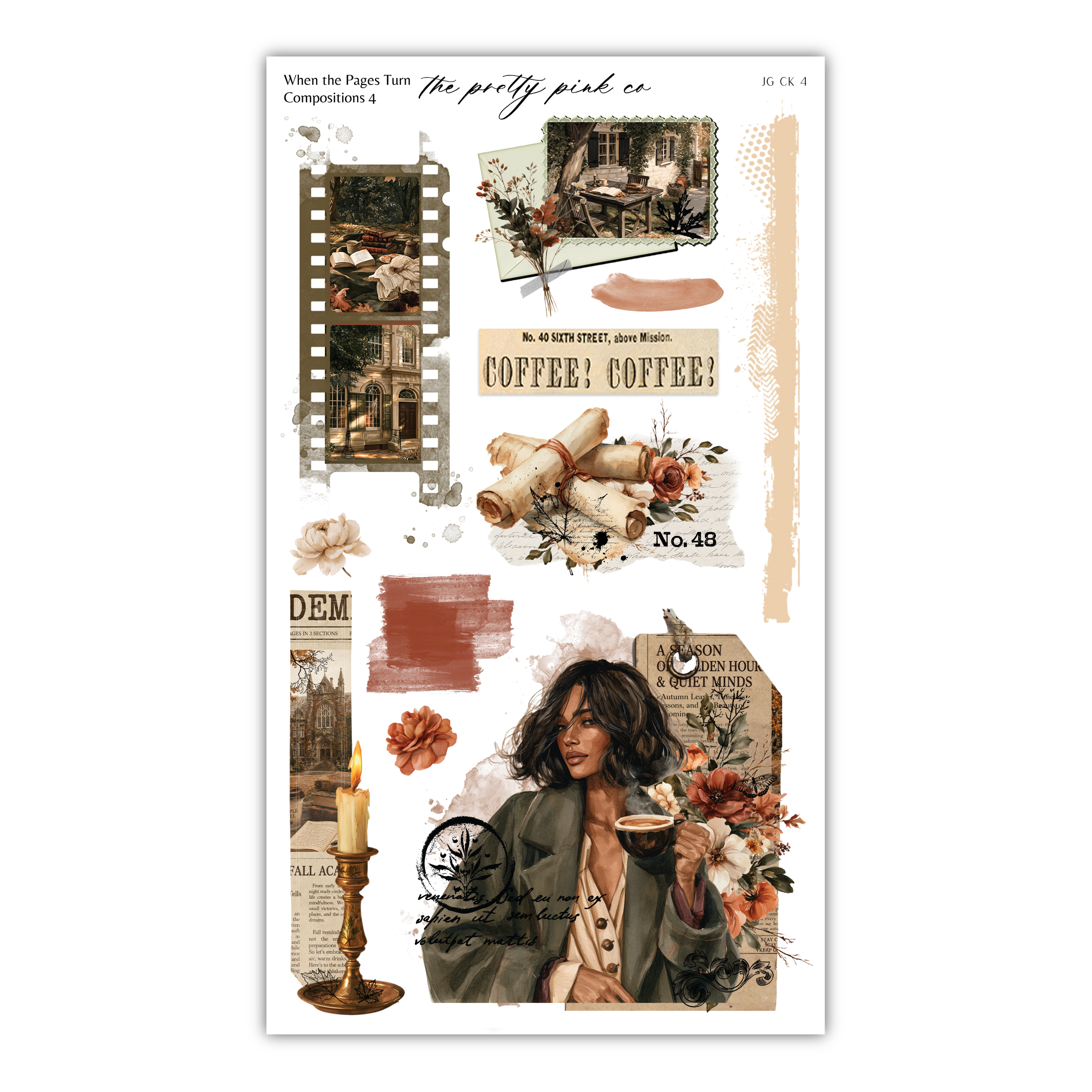 The image is a collage of various elements, including a woman holding a cup of coffee, a candle, and other decorative items. The collage appears to be a creative and artistic composition, with a focus on the woman and the coffee.