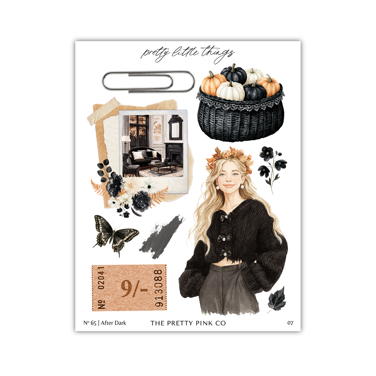The image is a collage of various elements, including a woman, a basket of pumpkins, butterflies, leaves, and a ticket. The collage appears to be a creative arrangement of different objects and images, possibly intended for a scrapbook or a similar purpose.