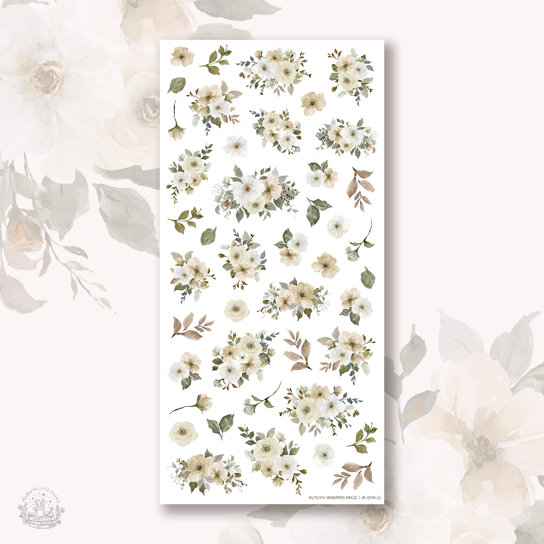 a collection of various floral designs, including different types of flowers and leaves, arranged in a grid-like pattern. The flowers appear to be in shades of white, beige, and brown, creating a harmonious and visually appealing composition.