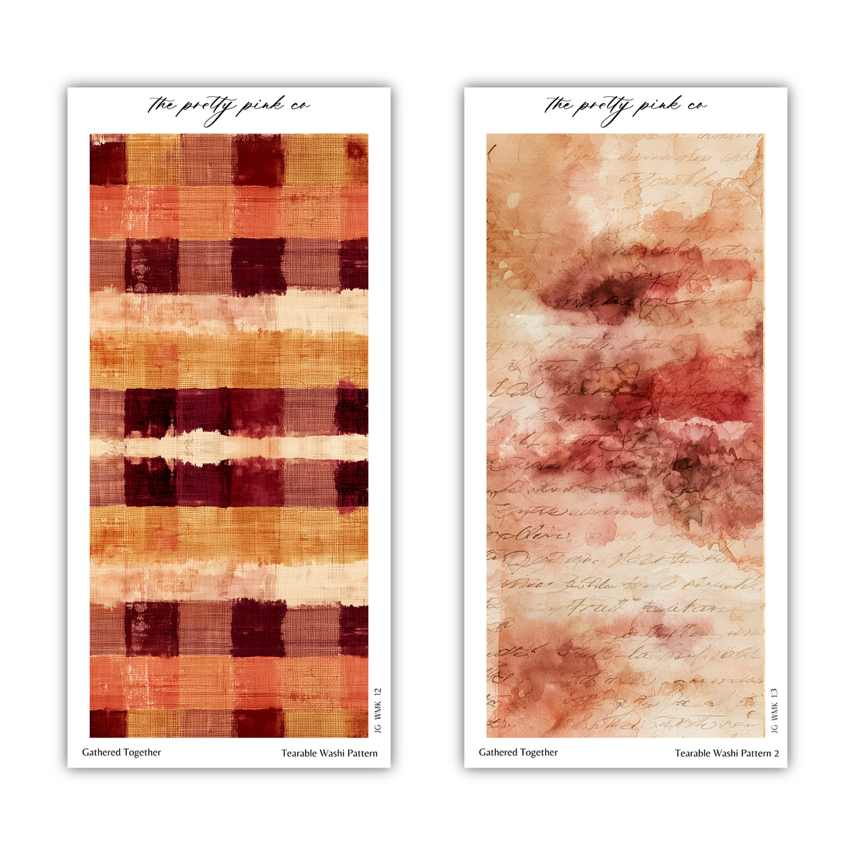 two distinct patterns, one with a checkered design and the other with a textured, watercolor-like appearance. The text above each pattern reads "The pretty pink co" and "The pretty pink co" respectively.