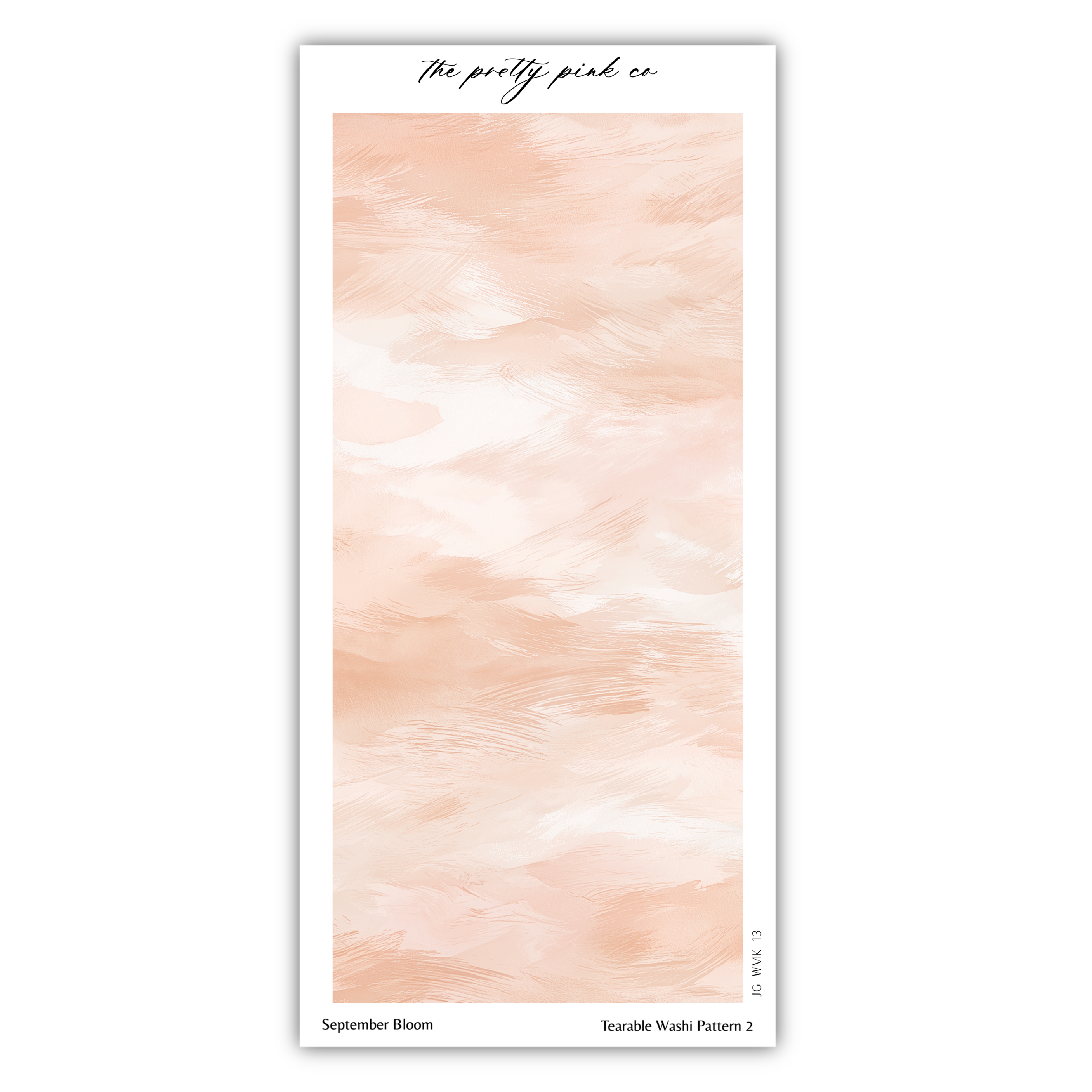 The image is a poster with a textured background in a peach or peach-like color. The text on the poster is "The pretty pink co" and "September bloom" along with "Tearable Washi Pattern 2".