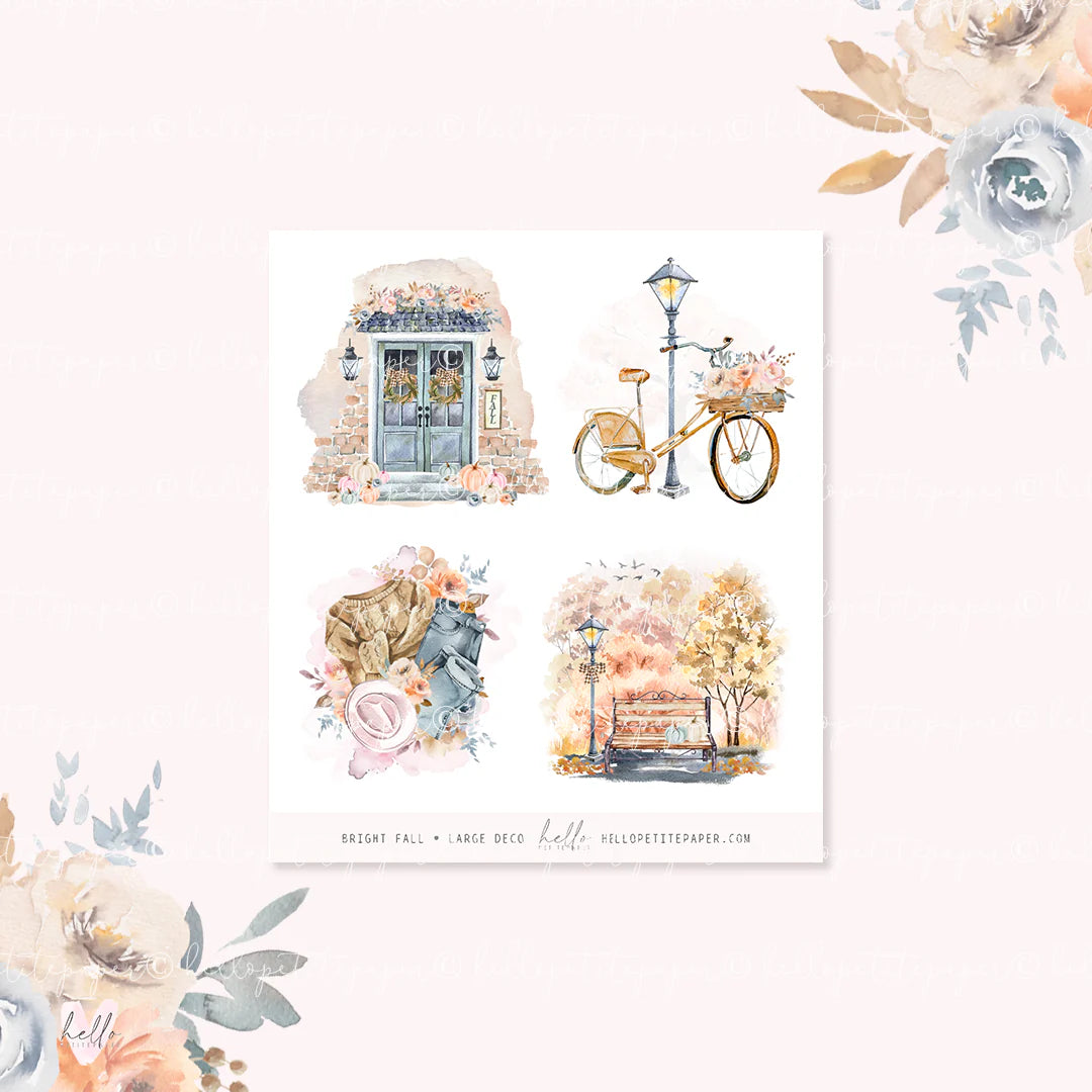 The image is a collage of four watercolor illustrations depicting various scenes, including a building, a bicycle, a bench, and a tree.
