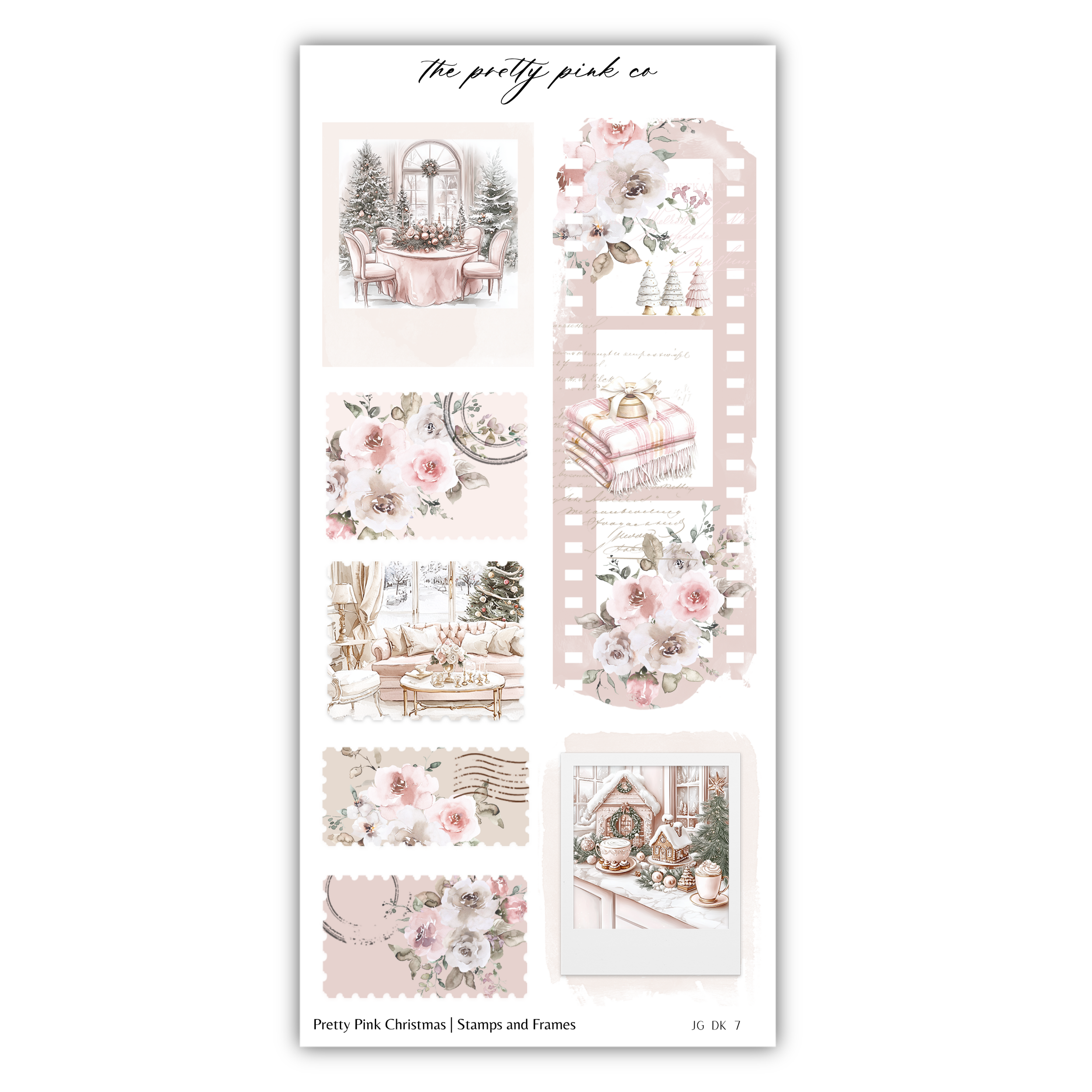 a sticker sheet with pink flowers and a picture of a house