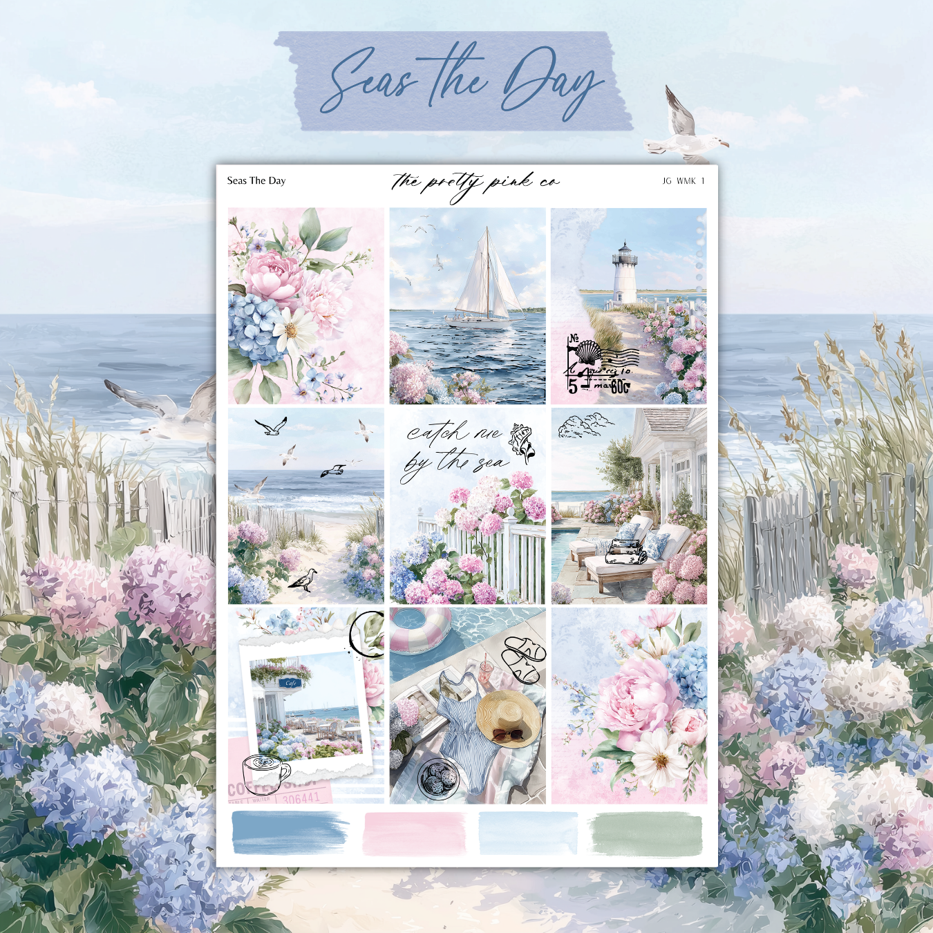 The image is a collage of various pictures depicting a serene coastal scene with flowers, a lighthouse, and birds flying over the ocean.