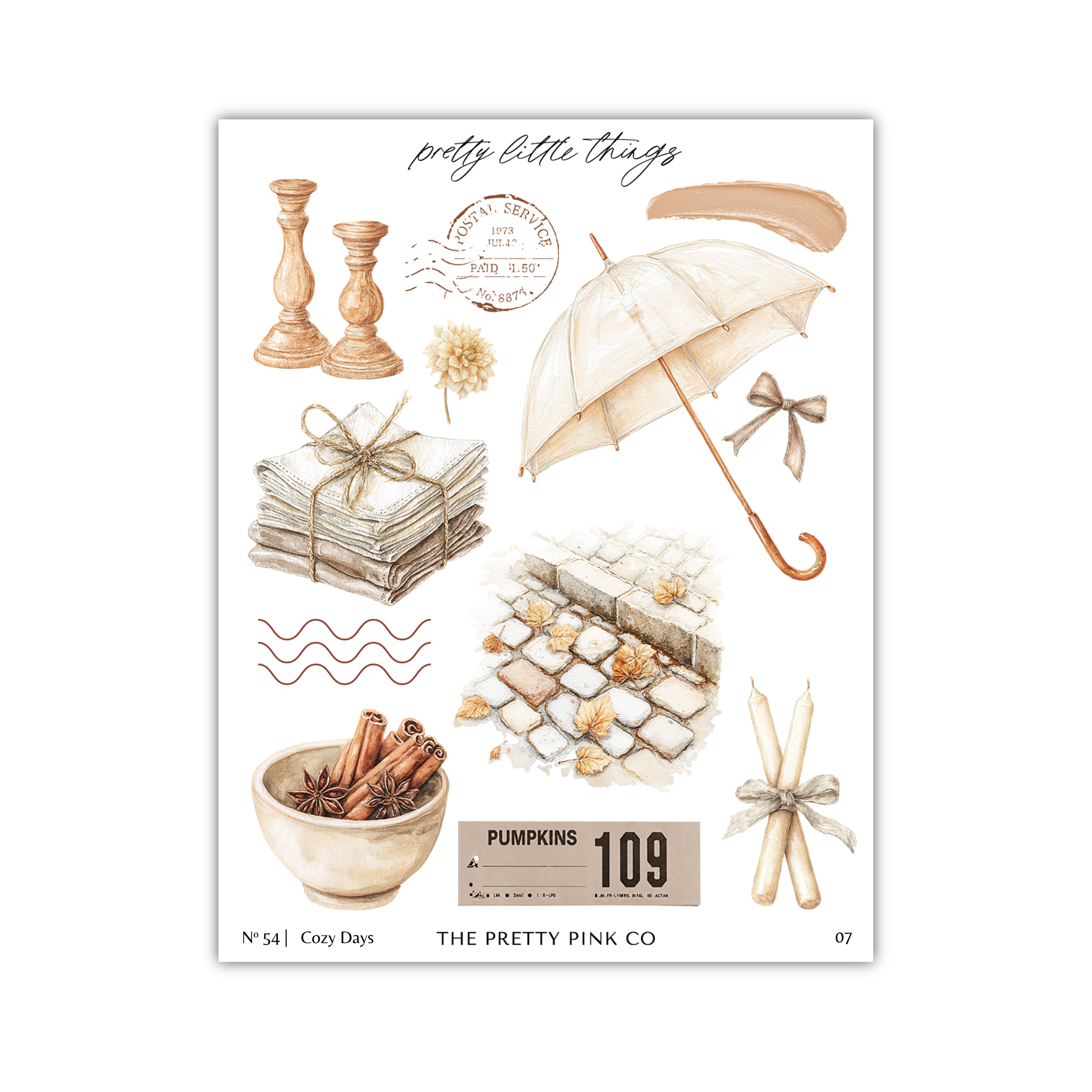 various objects and illustrations related to autumn and cozy days, including a bowl of cinnamon sticks, a stack of books, an umbrella, a candle, and a pumpkin.