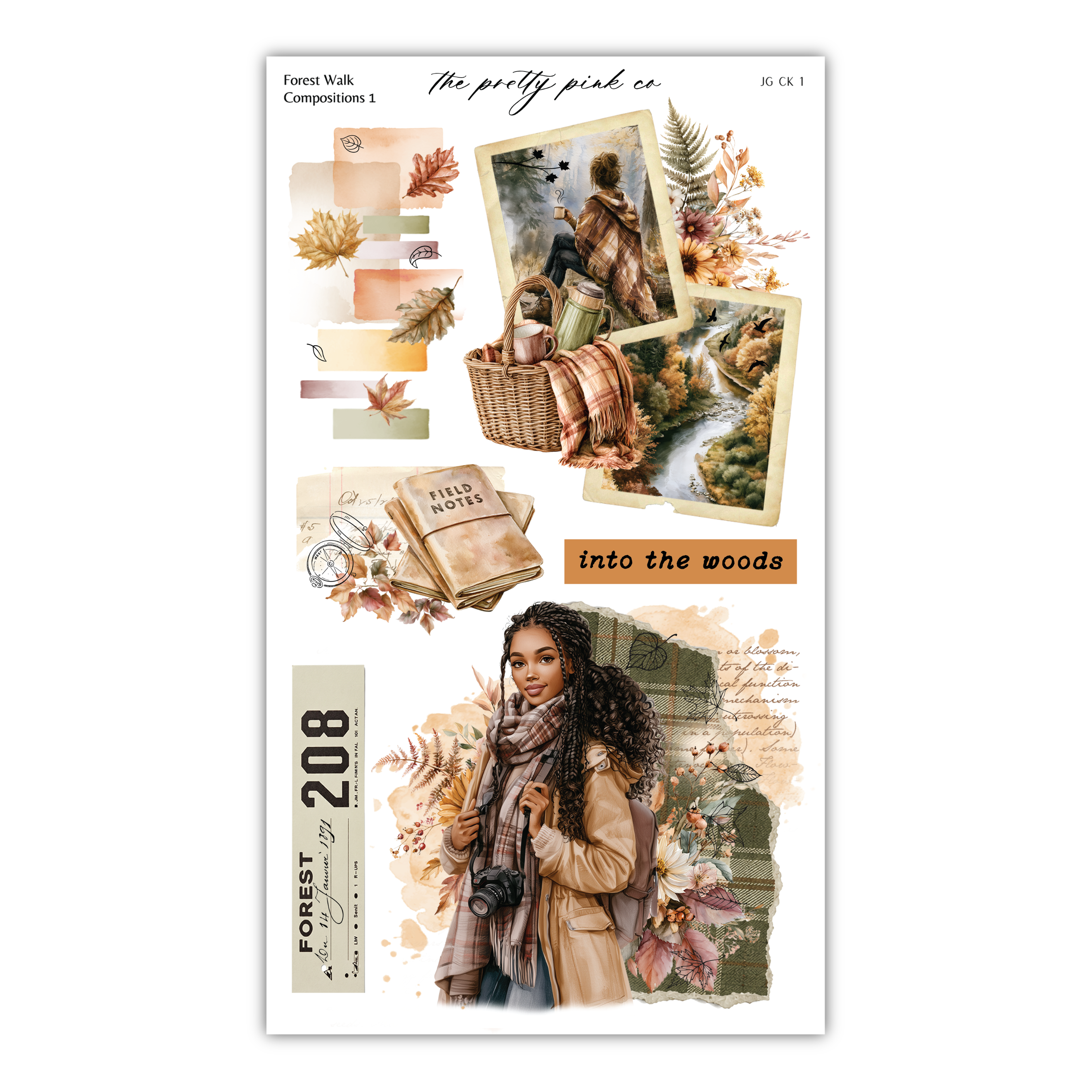 The image is a collage of various elements, including a woman, a book, a basket, and autumn leaves, all set against a forest-themed background.