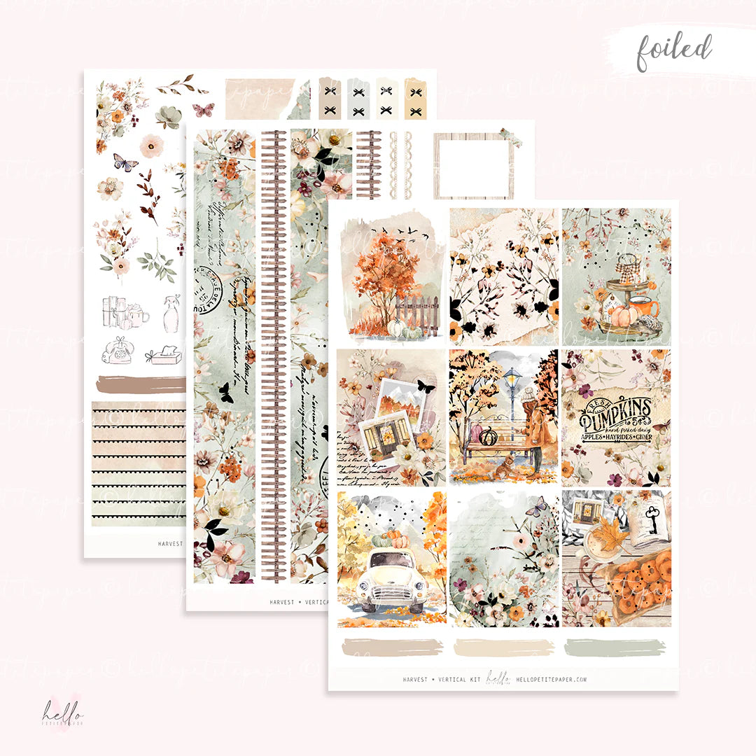 a collection of various autumn-themed illustrations and designs, including floral patterns, pumpkins, and other seasonal elements. The collage appears to be a set of printed materials, such as a scrapbook page or a decorative piece, showcasing the beauty and charm of the autumn season.