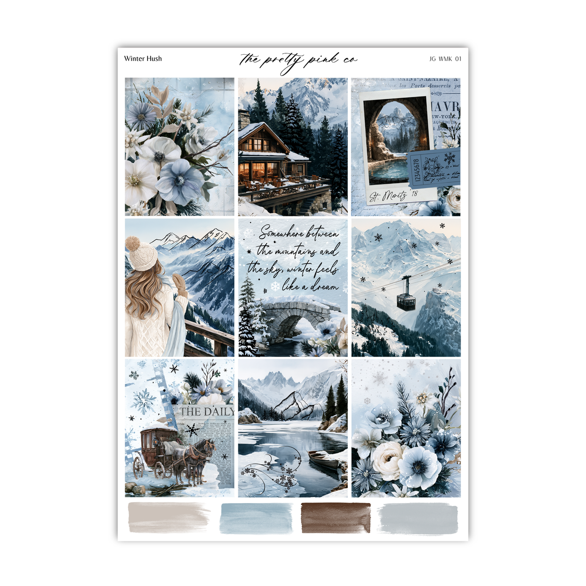 The image is a collage of various winter-themed images, including a cabin, flowers, snow-covered mountains, and a person in a snowy landscape.
