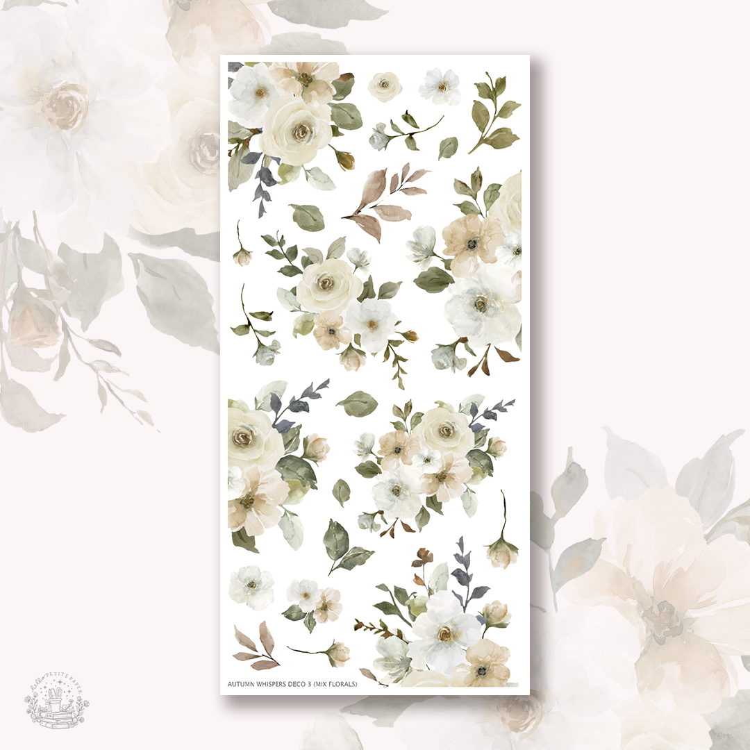 The image is a floral pattern with various white and beige flowers and leaves arranged in a repeating design.