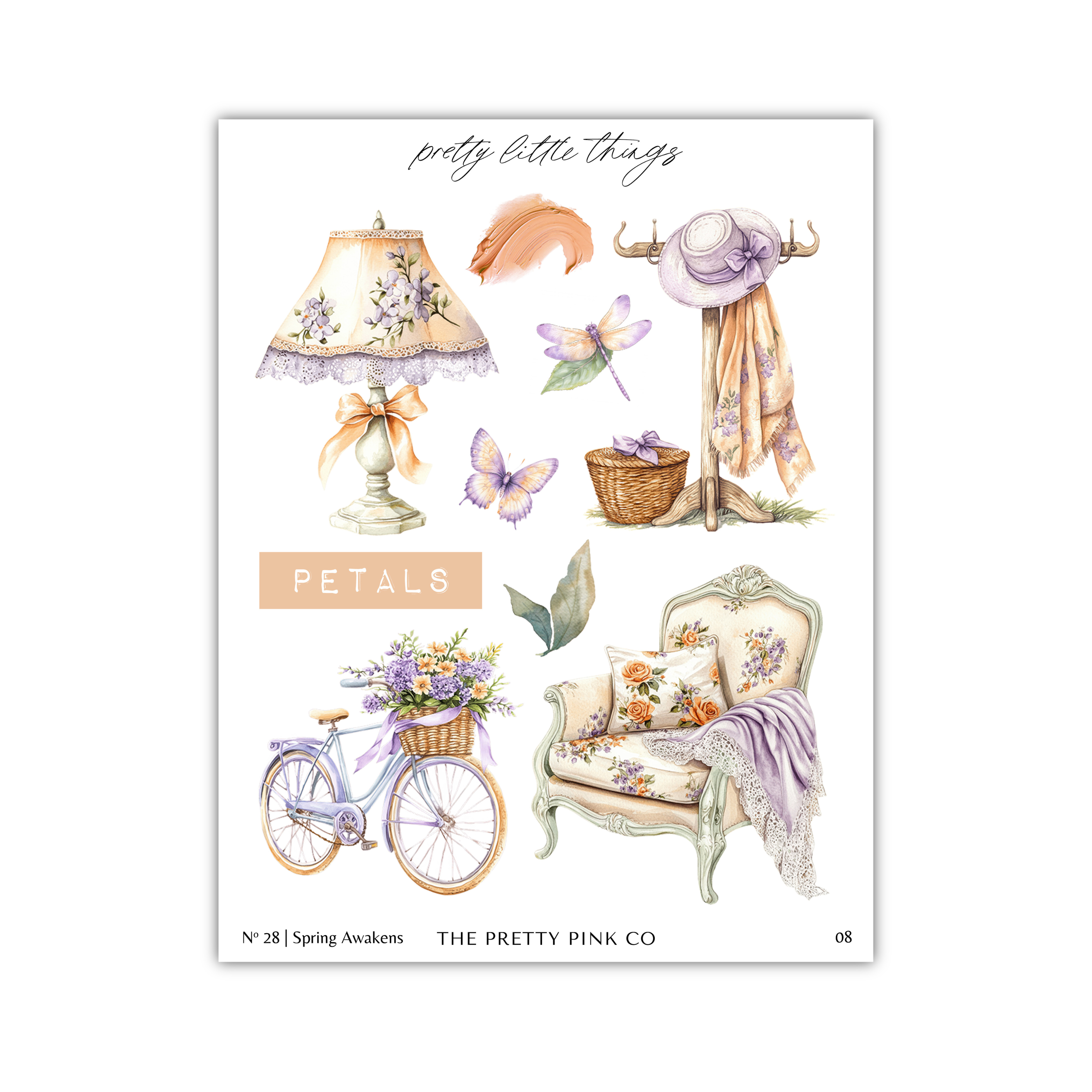 The image is a collage of various decorative items, including a lamp, a bicycle, a chair, and a basket of flowers, all with floral patterns.