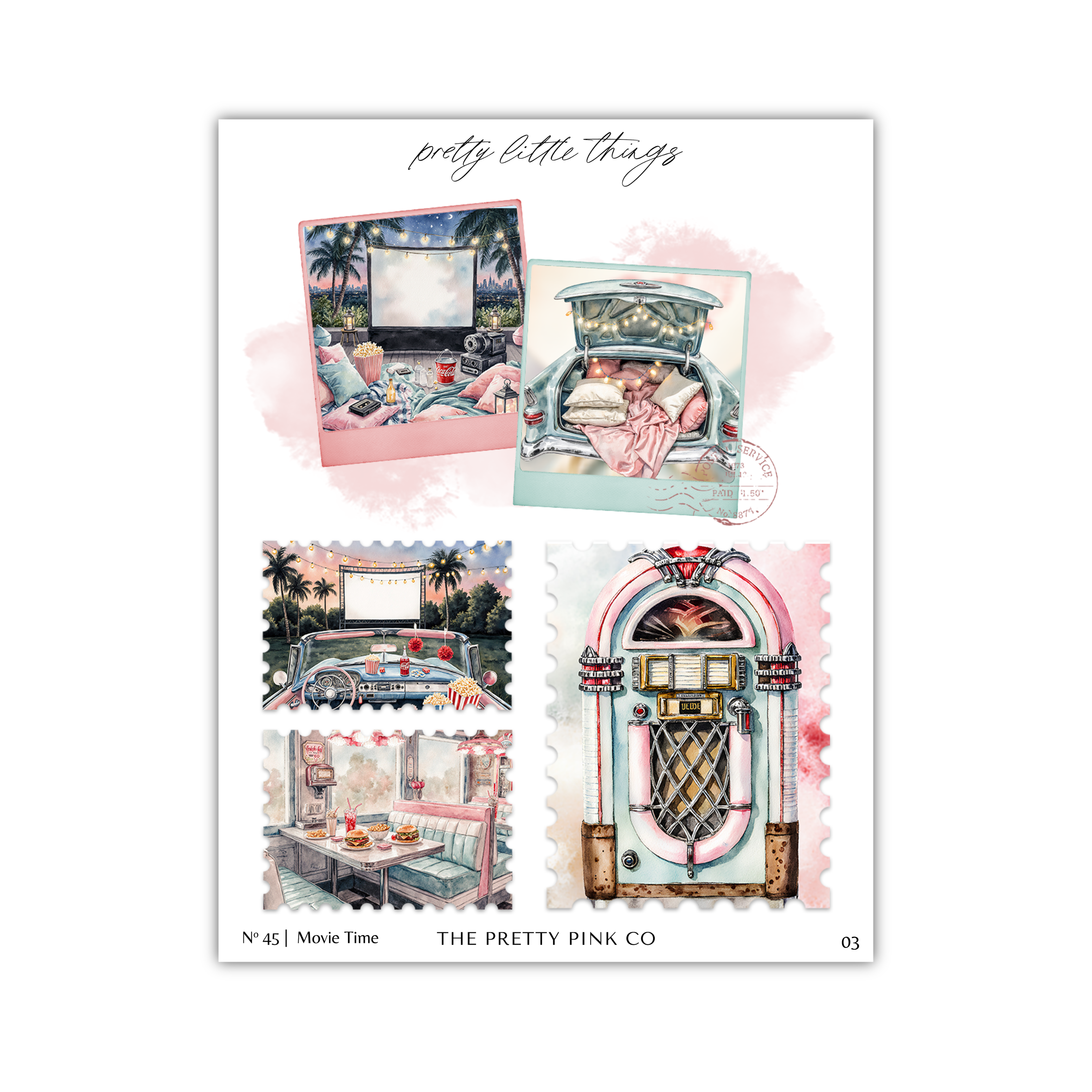 The image is a collage of four different scenes, each depicting a different aspect of "movie time" and "the pretty pink co". The scenes include a car, a jukebox, a dining table, and a car. The collage is titled "movie time" and "the pretty pink co" and includes the text "N° 45 | Movie Time" and "THE PINK CO".