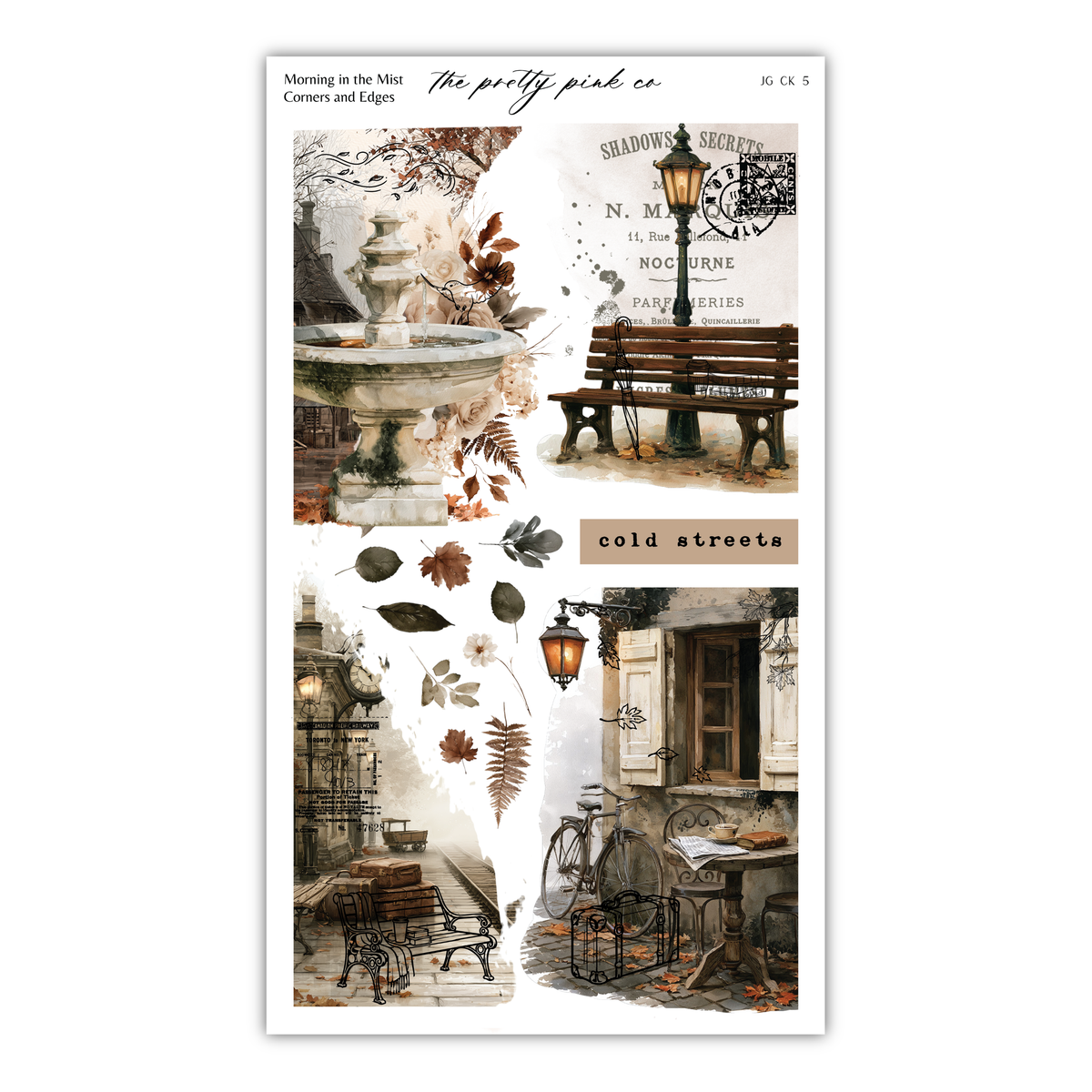 The image is a collage of various scenes depicting a quaint, vintage atmosphere. It includes a fountain, a bench, a bicycle, and other elements that evoke a sense of nostalgia and charm. The collage is a visually appealing arrangement of these elements, creating a harmonious and cohesive composition.