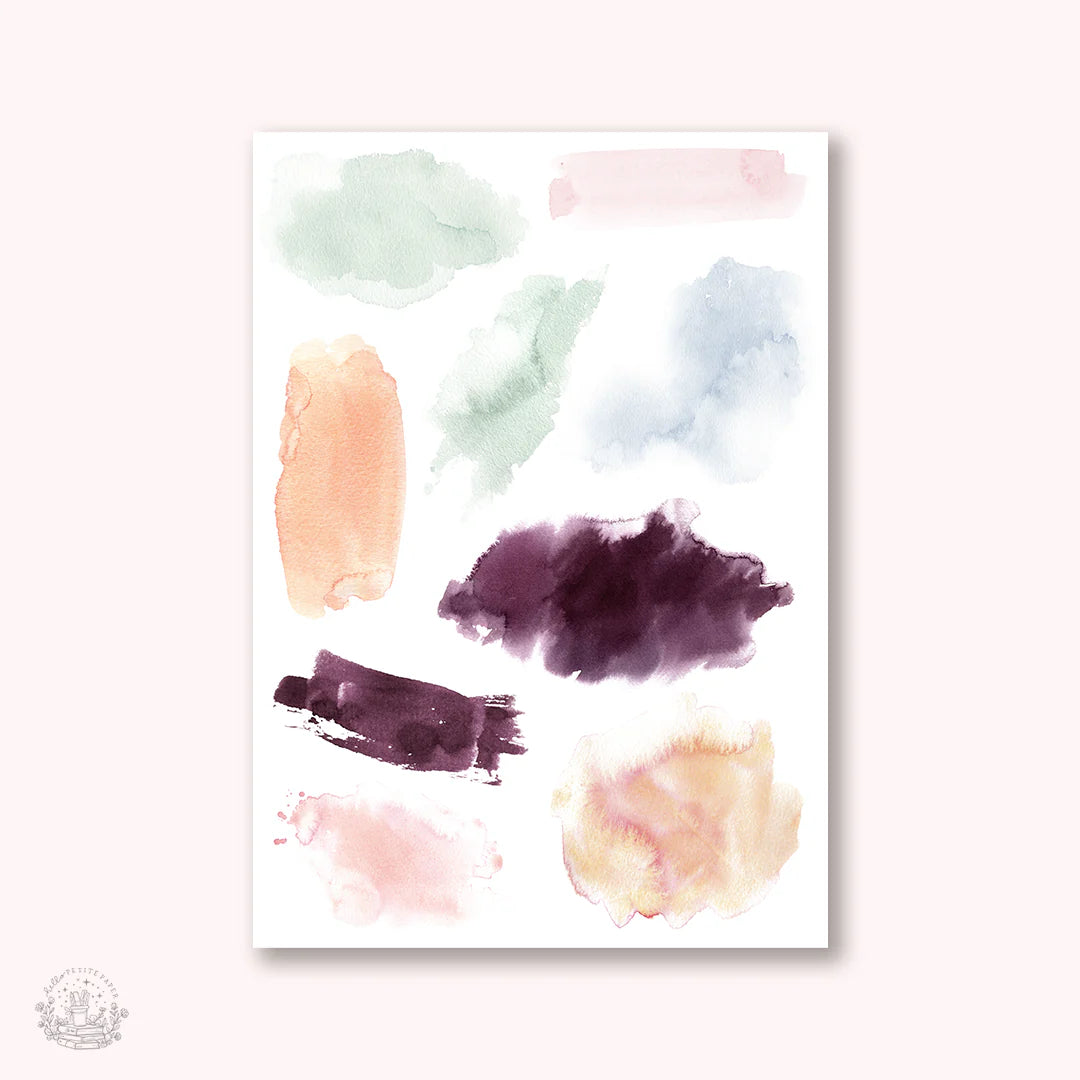 The image is a collection of abstract watercolor brushstrokes in various pastel colors, including green, pink, purple, and orange.