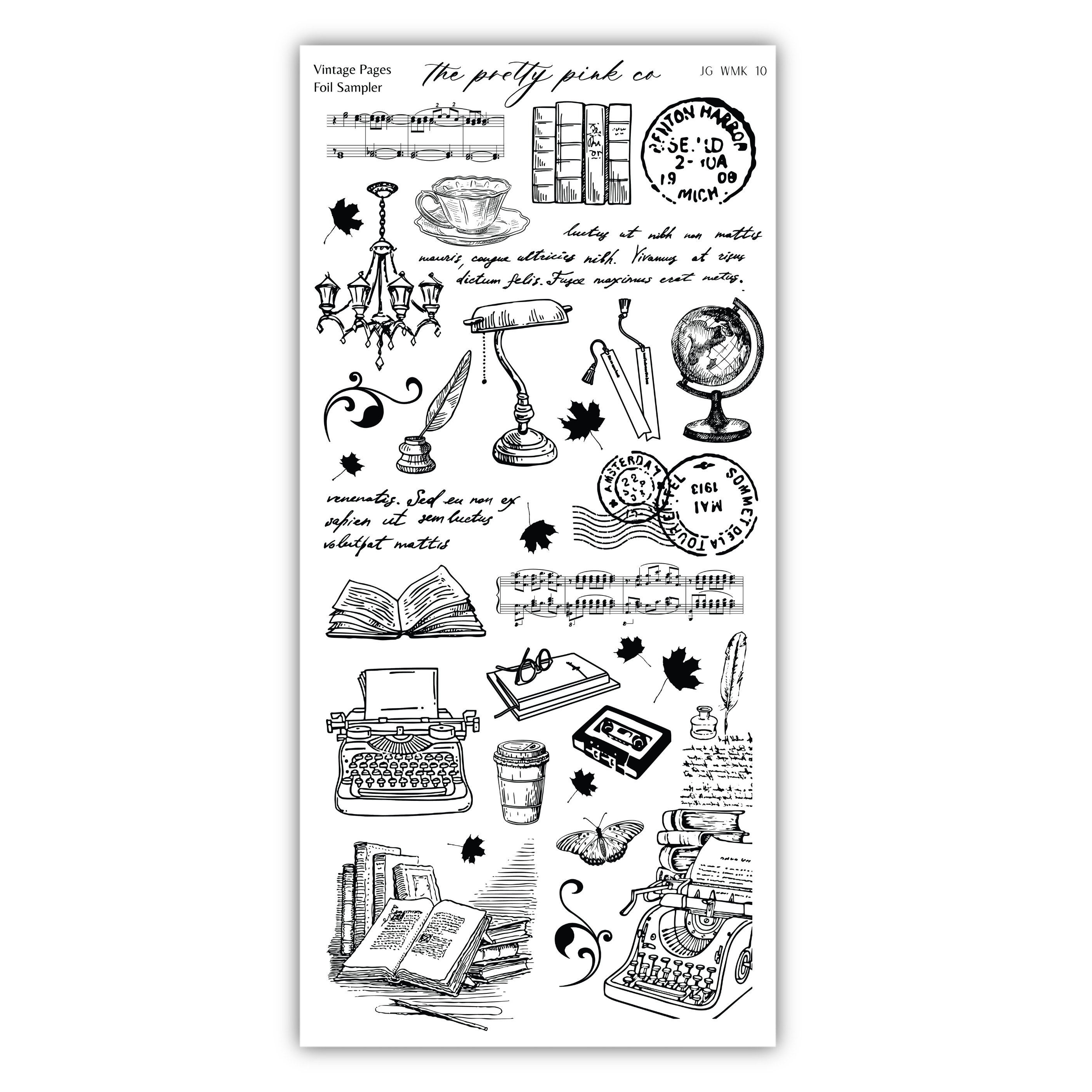 various vintage-style illustrations and objects, including typewriters, books, globes, and other decorative elements. The text in the image is handwritten and appears to be a collection of phrases or descriptions related to these illustrations.