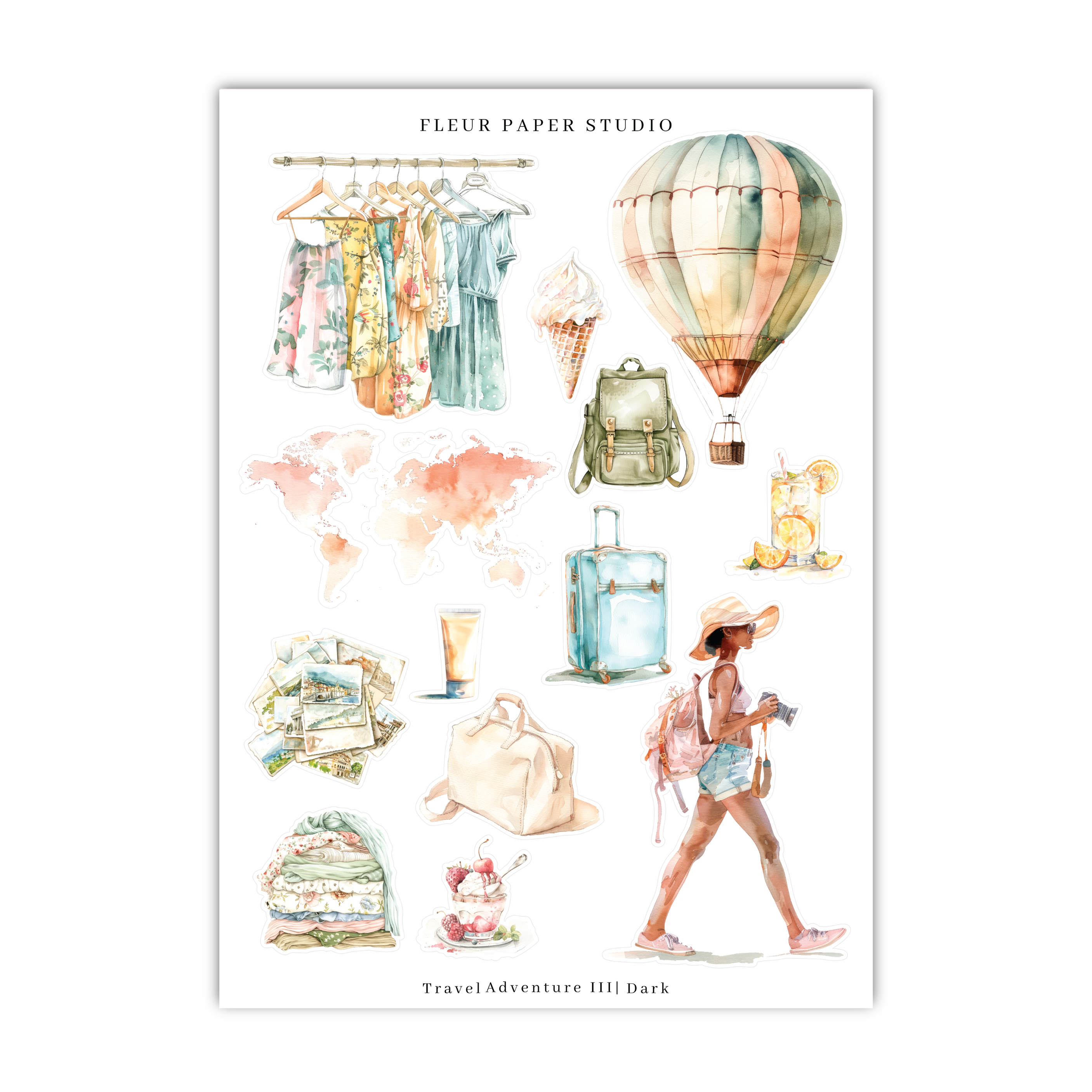a watercolor drawing of a woman walking past a bunch of items