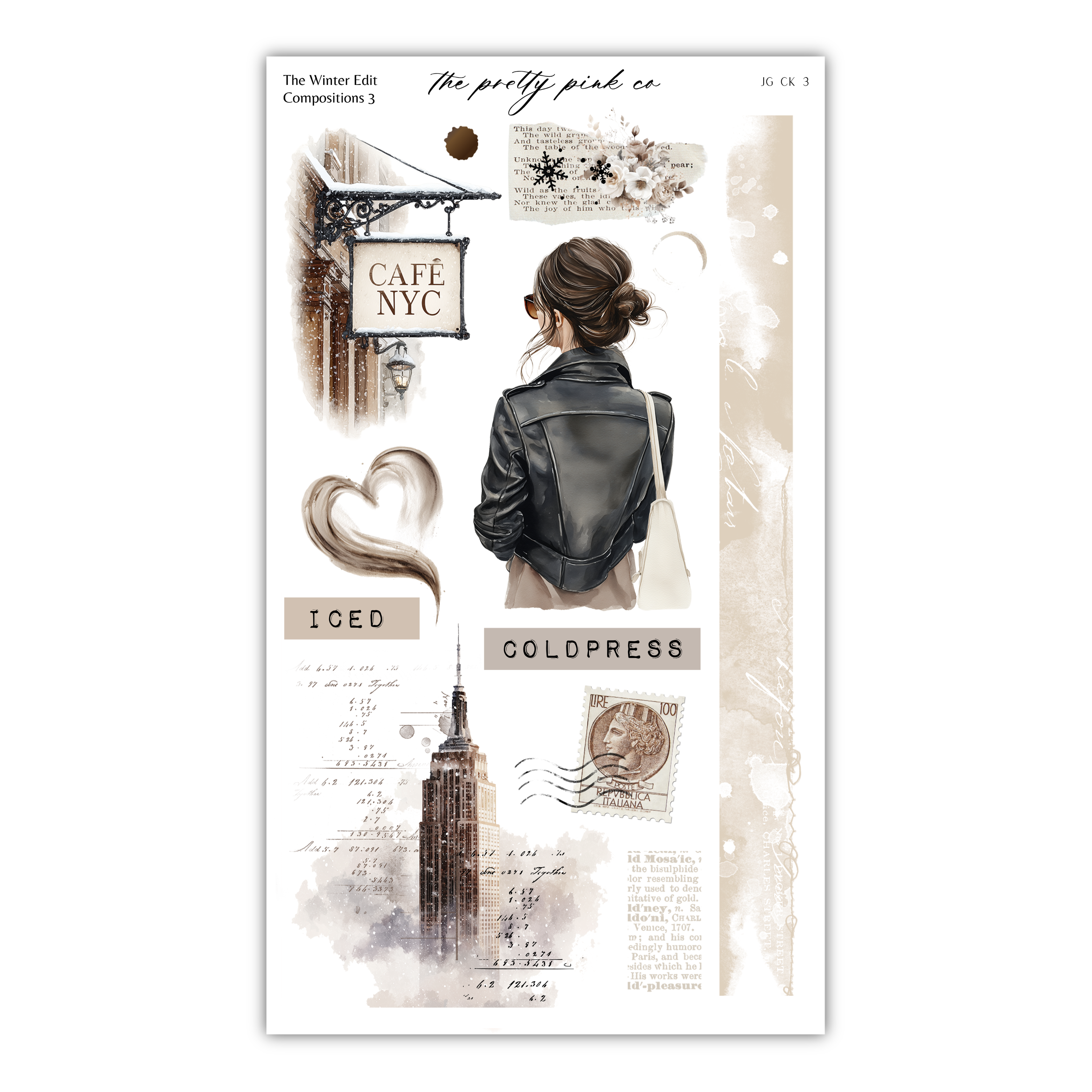 The image is a collage featuring a woman in a leather jacket, a cafe sign, and various other elements such as a heart, a coin, and a building.