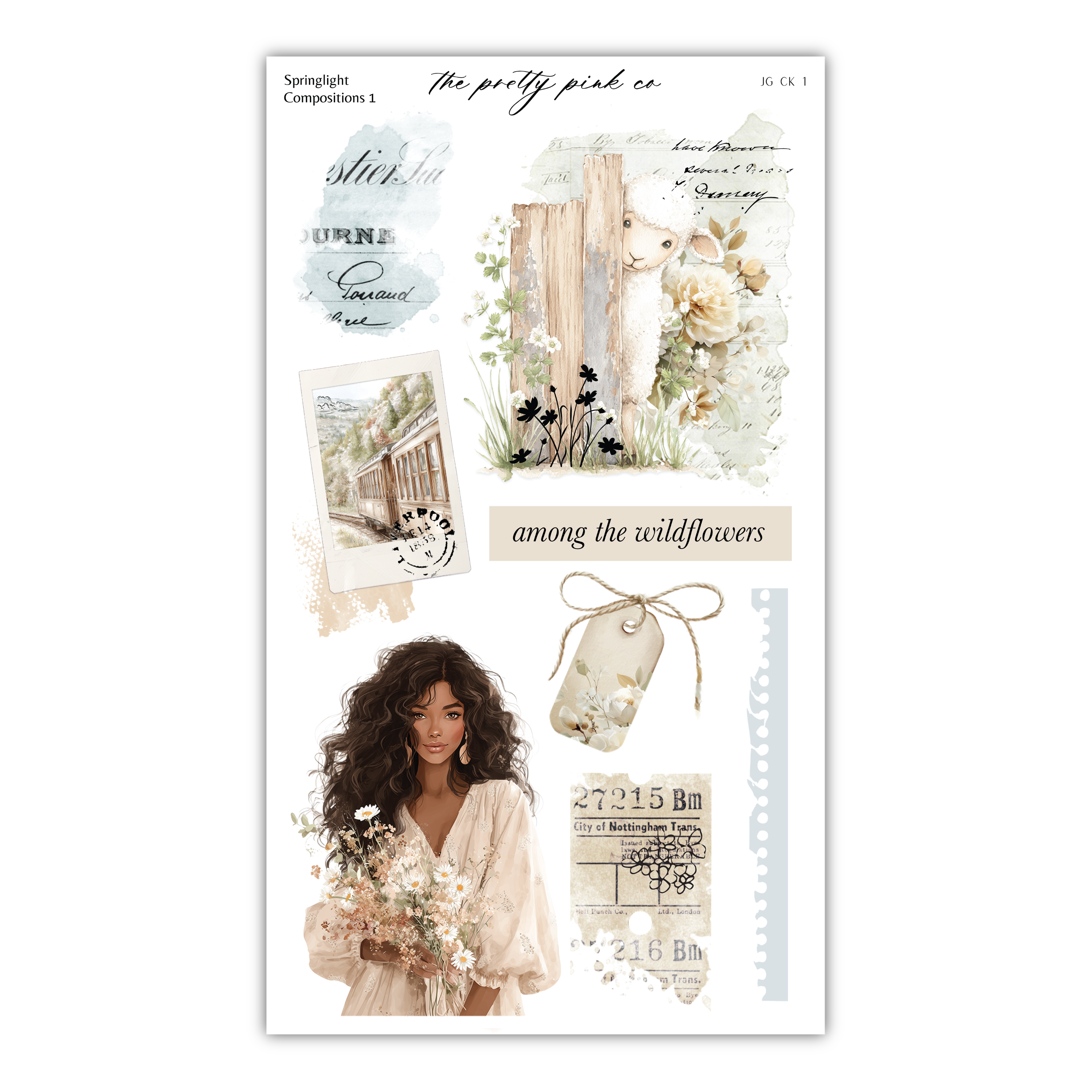 The image is a collage of various artistic elements, including a woman holding flowers, a floral illustration, and a vintage-style postcard.