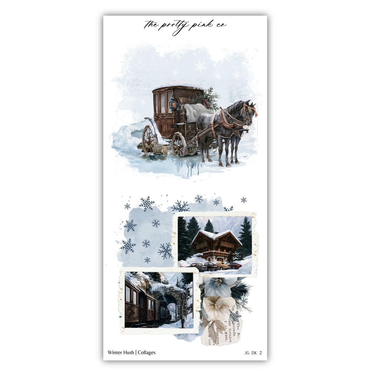 The image is a collage of winter-themed scenes, including a horse-drawn carriage, a cabin, and snowflakes.