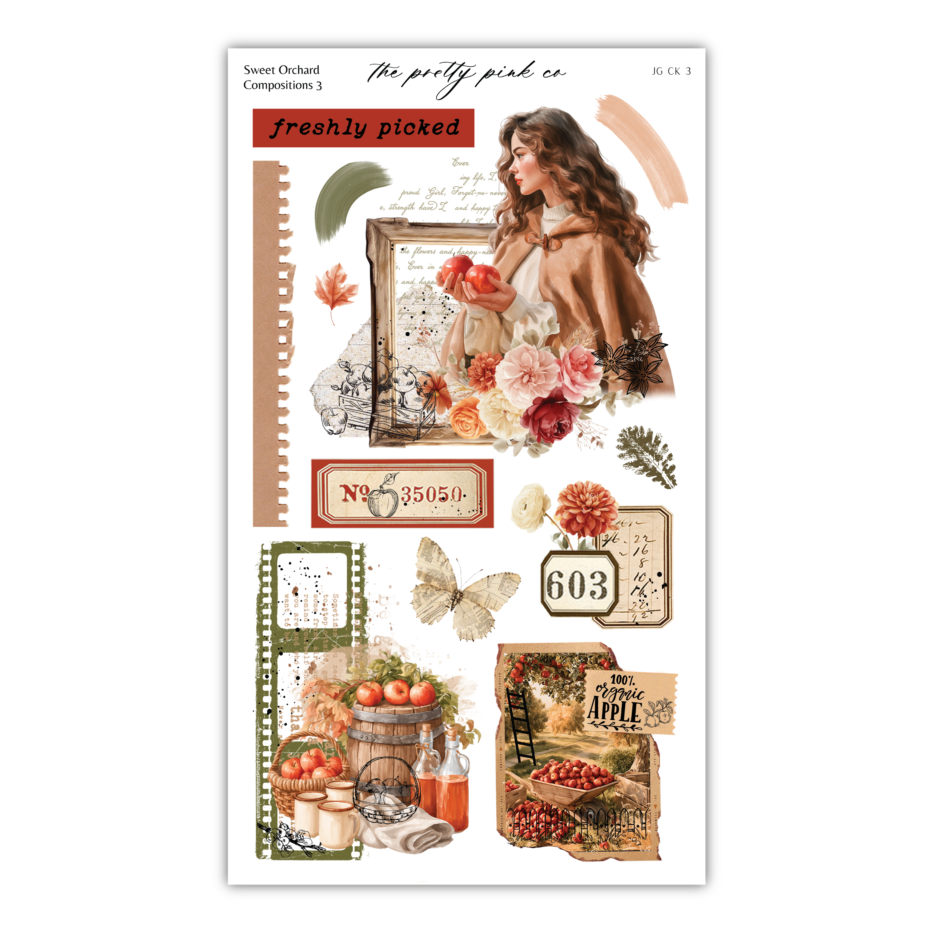 The image is a collage of various elements, including a woman, flowers, apples, and other decorative items, arranged in a visually appealing manner.