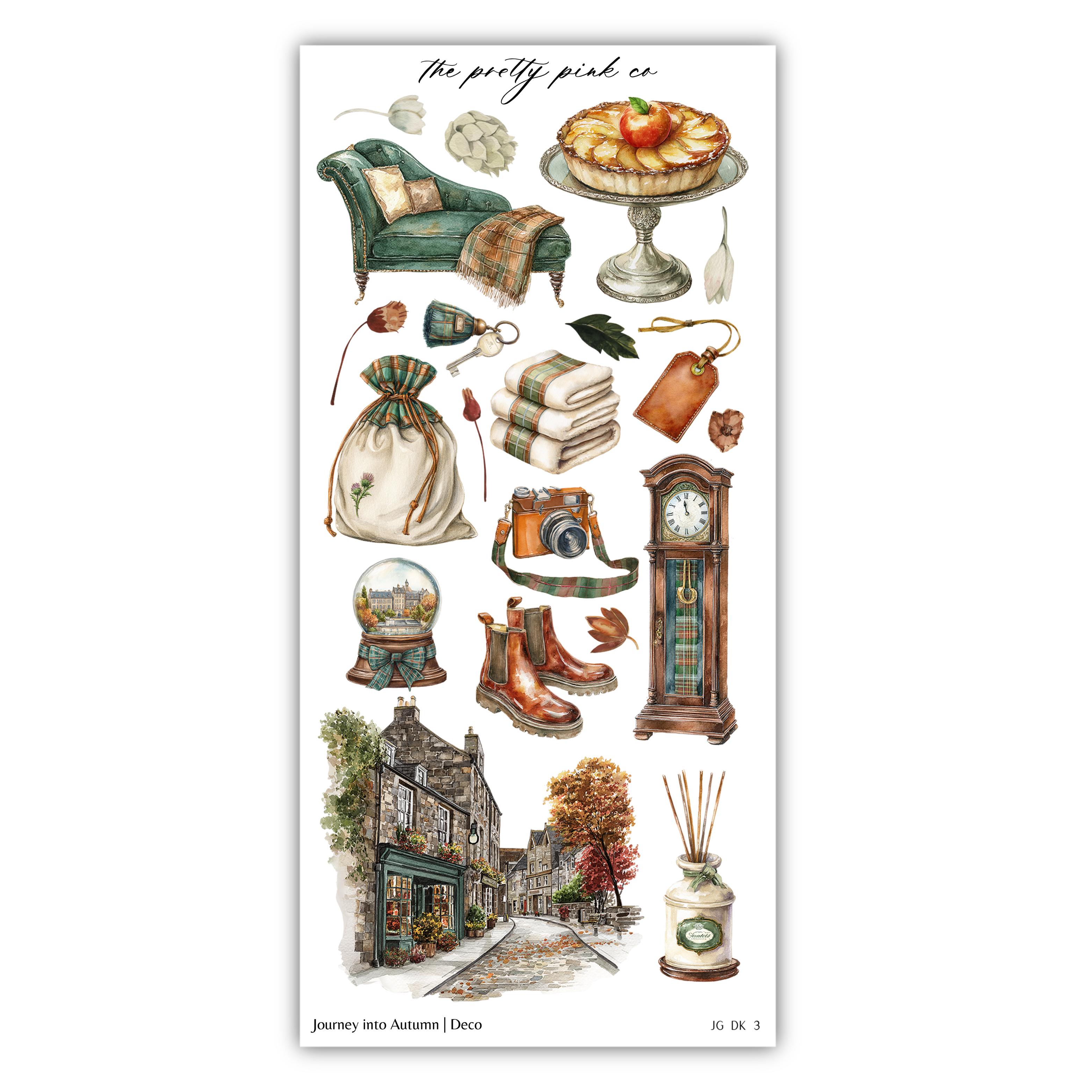 The image is a collage of various objects and scenes related to autumn, including a quilt, a clock, a bag, a pair of boots, a tree, and a building.