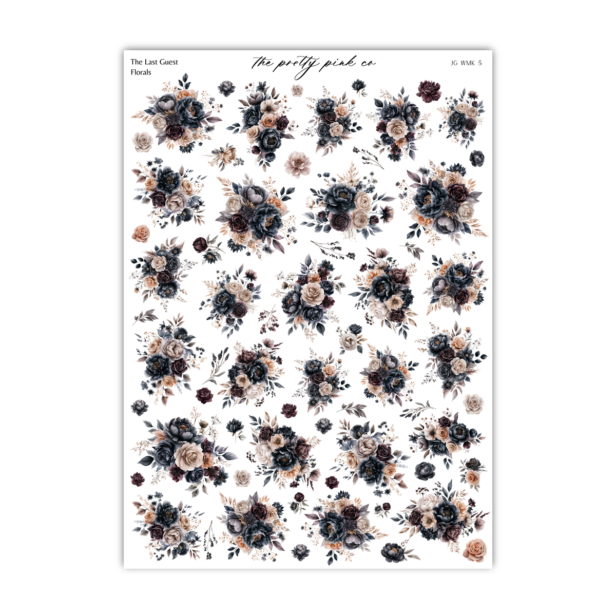 a collection of floral designs, including various types of flowers and leaves, arranged in a grid-like pattern. The designs feature a mix of dark and light colors, creating a visually appealing and intricate floral pattern.