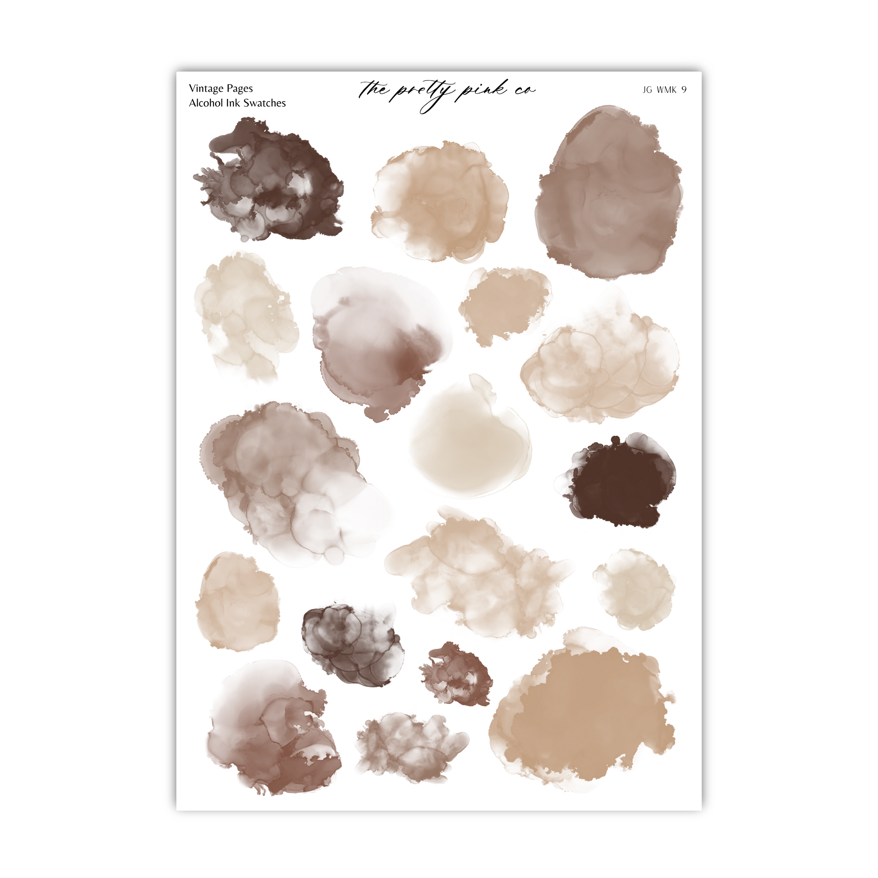 a collection of abstract watercolor-style splatter shapes in various shades of brown and beige, arranged in a grid-like pattern.