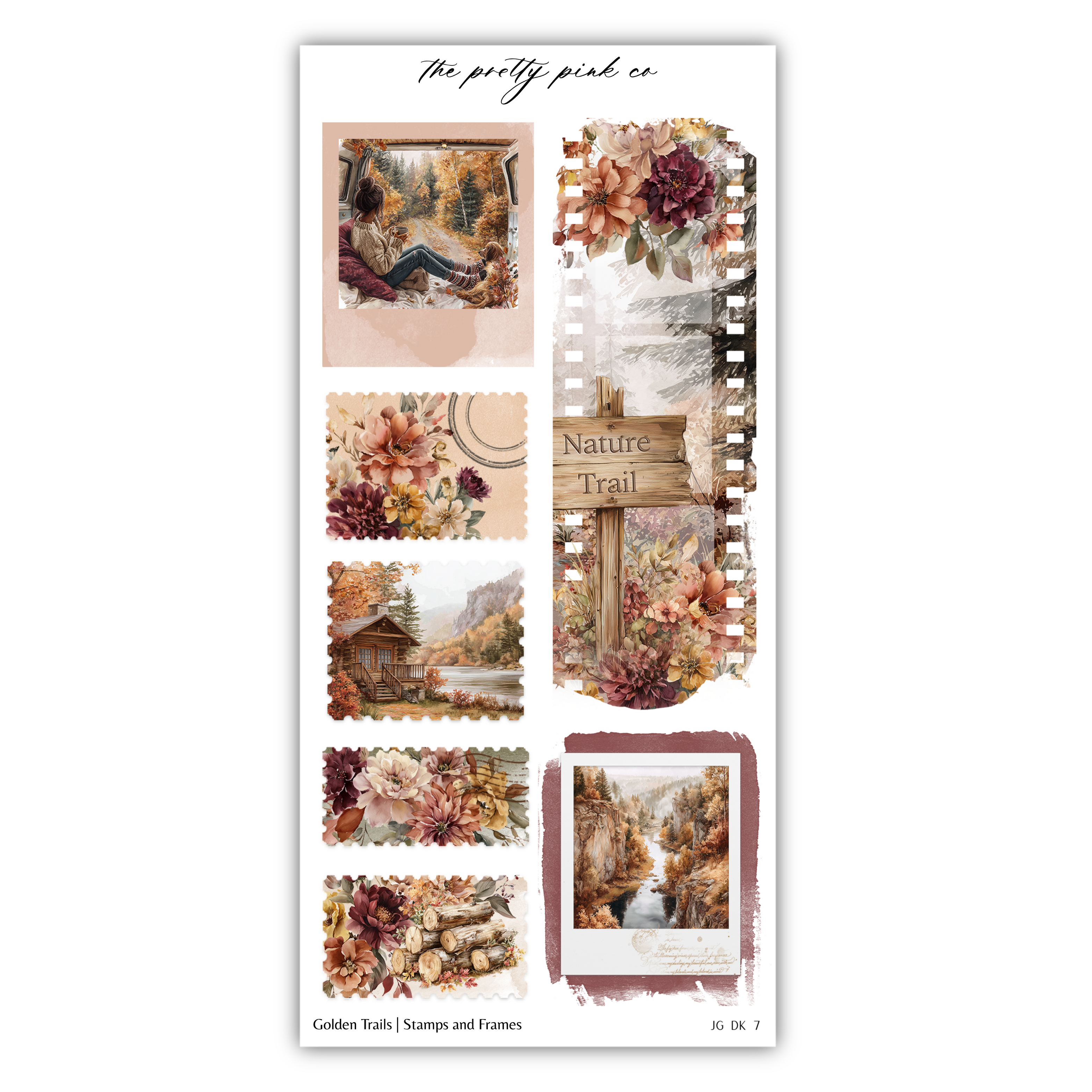 The image is a collage of various nature-themed images, including a scenic landscape, a sign, and a frame with a floral design.