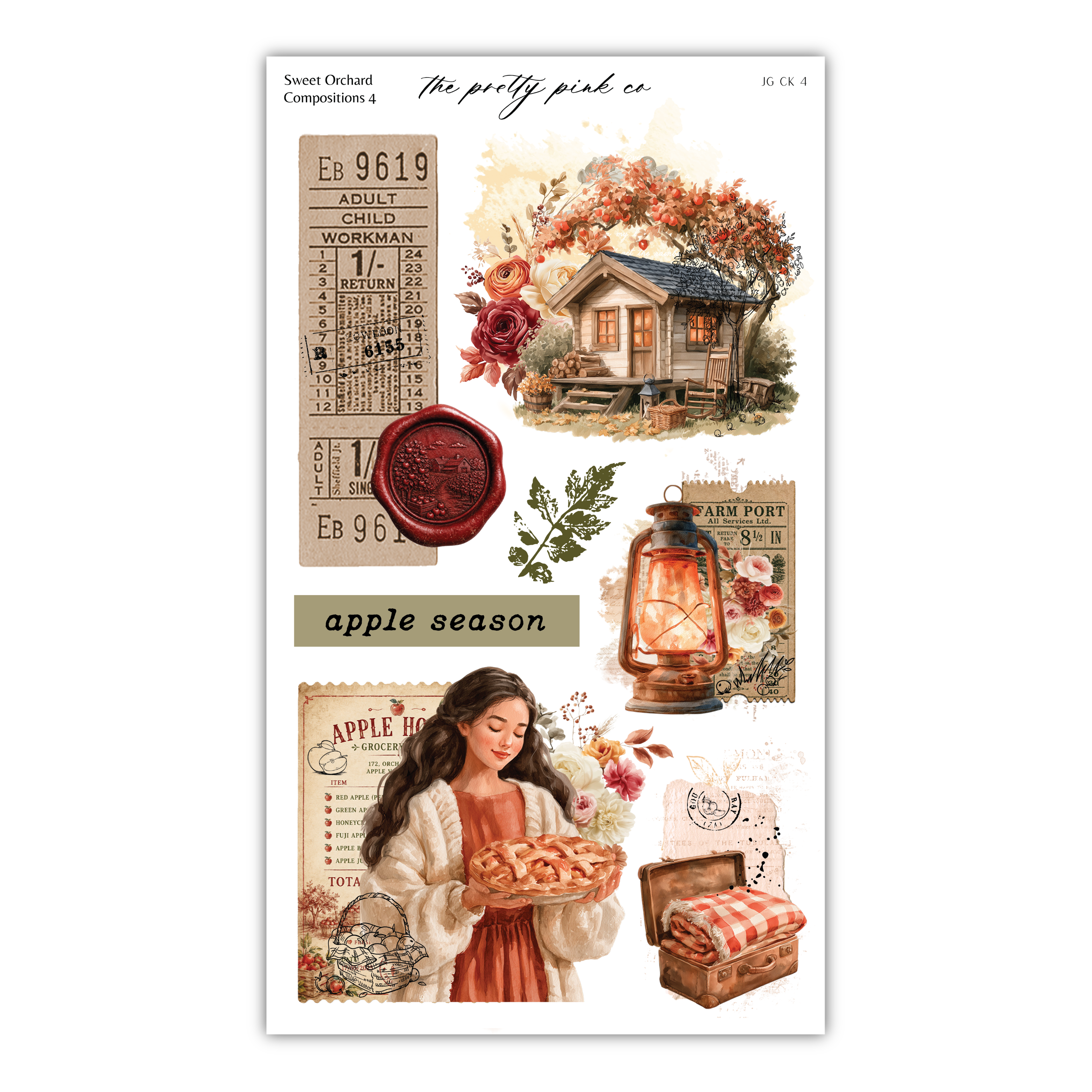 The image is a collage of various elements related to the theme of apple season, including a woman holding a basket of apples, a house, a lantern, and other autumn-themed items.