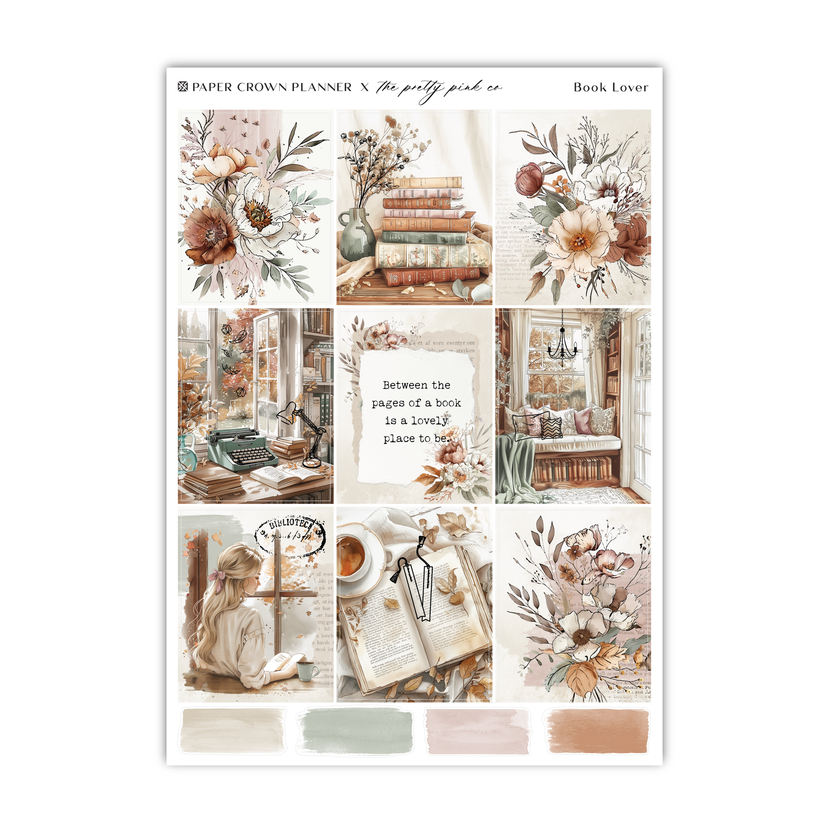 a sticker sheet with flowers and books