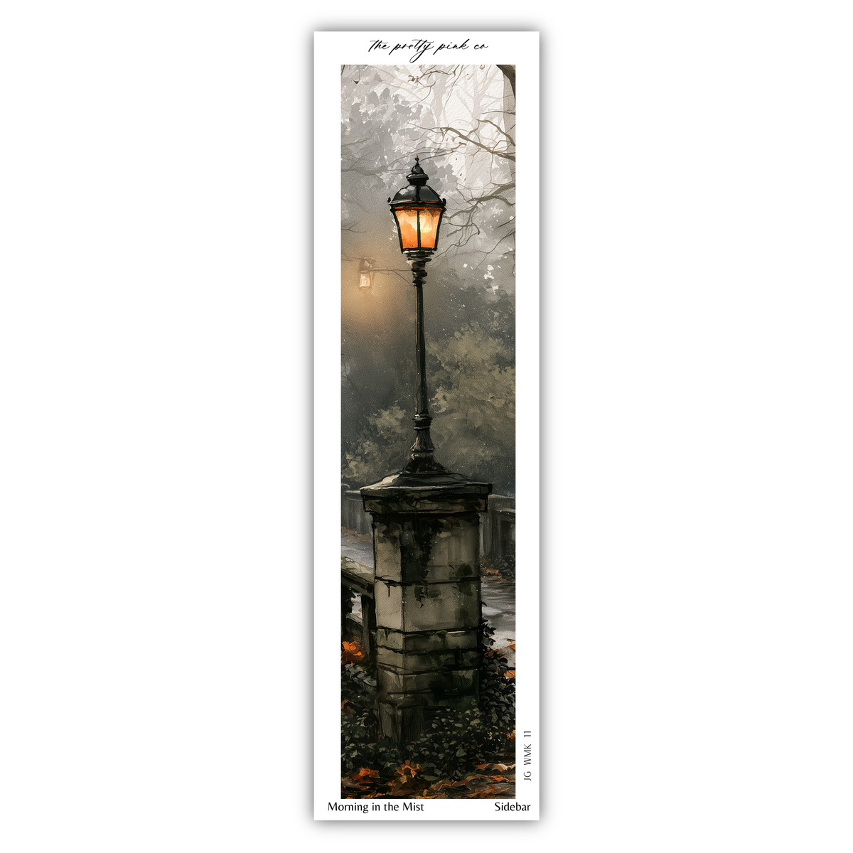 A tall, ornate street lamp stands on a stone pedestal, casting a warm glow in a foggy, wooded setting.