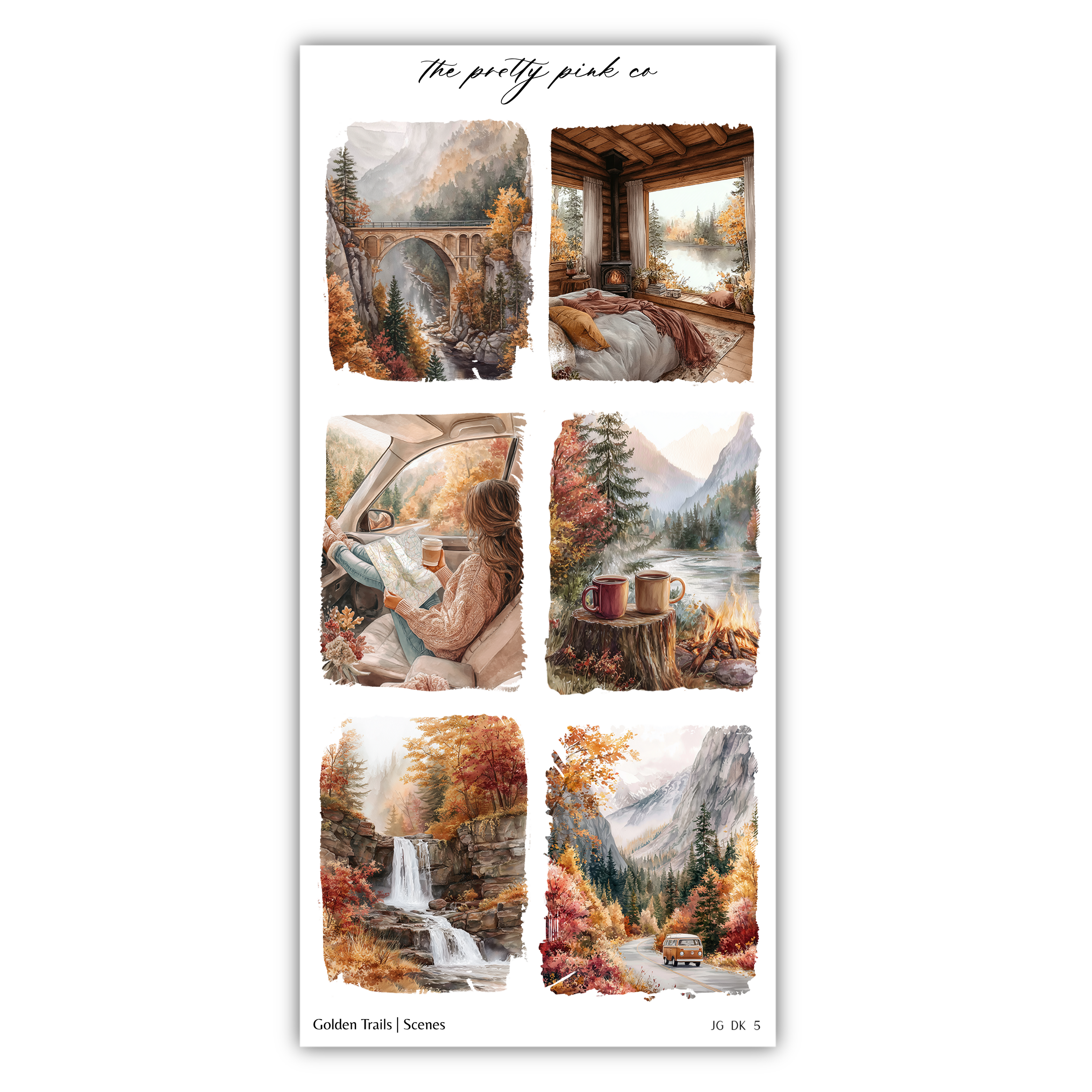 The image is a collage of six pictures depicting various scenes of nature and outdoor activities, including a person in a car, a person sitting in a chair, a waterfall, a mountain landscape, a person reading, and a person enjoying a cup of coffee.