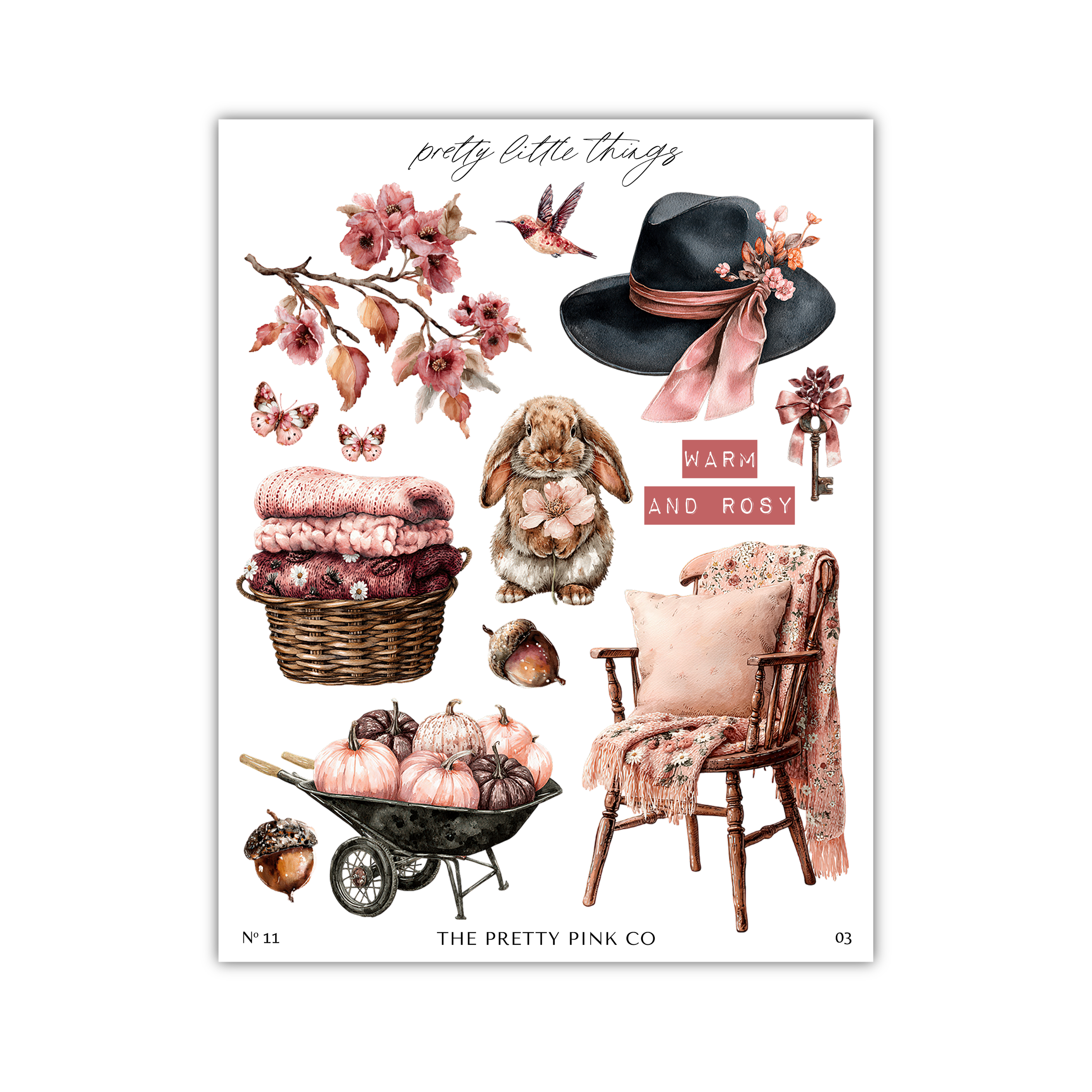 The image is a collage of various objects and scenes, including a hat, a rabbit, a basket of blankets, a chair, pumpkins, and flowers. The objects are arranged in a visually appealing manner, creating a harmonious composition.