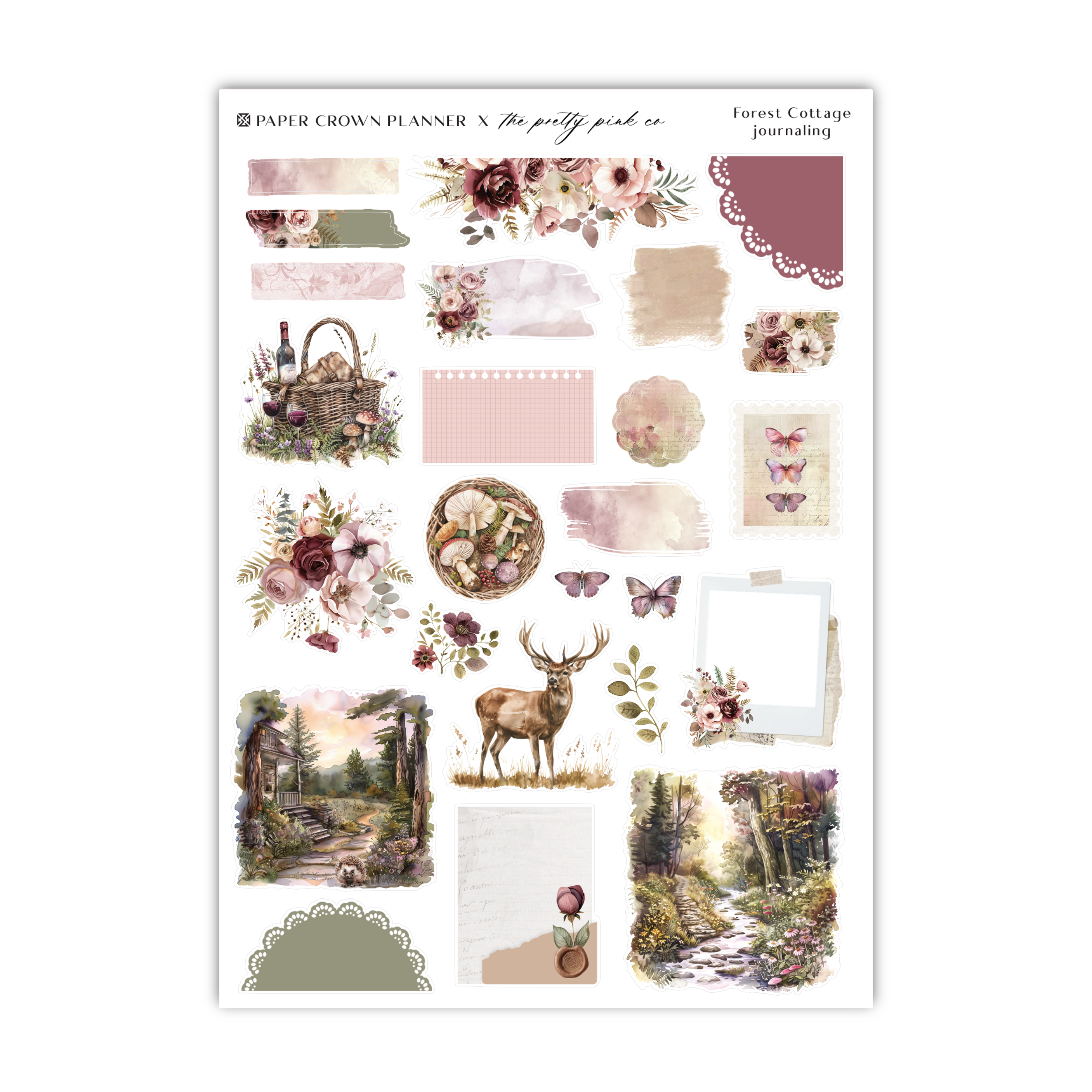 a sheet of stickers with flowers and a deer