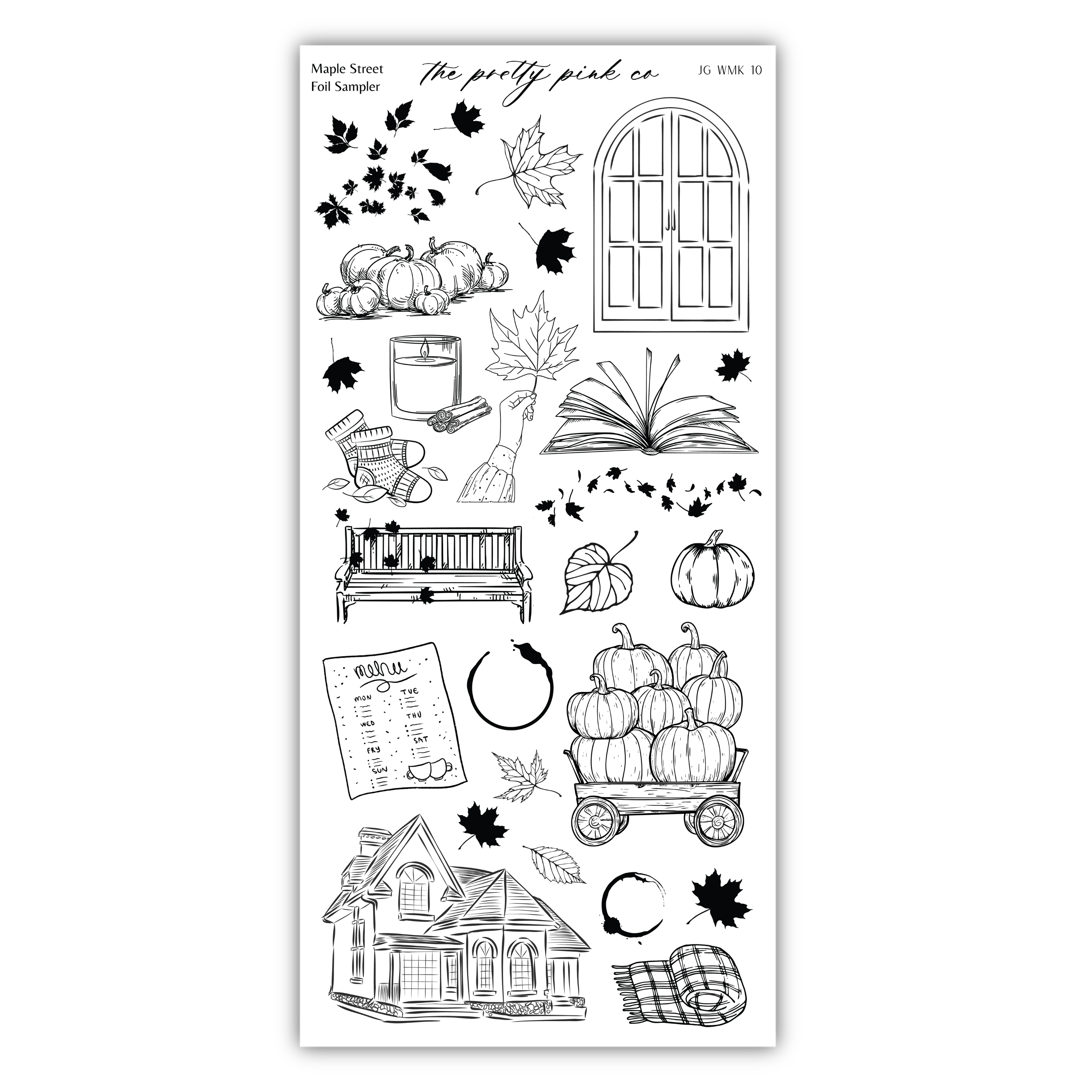 various fall-themed illustrations, including pumpkins, a house, a wagon, a book, and leaves.