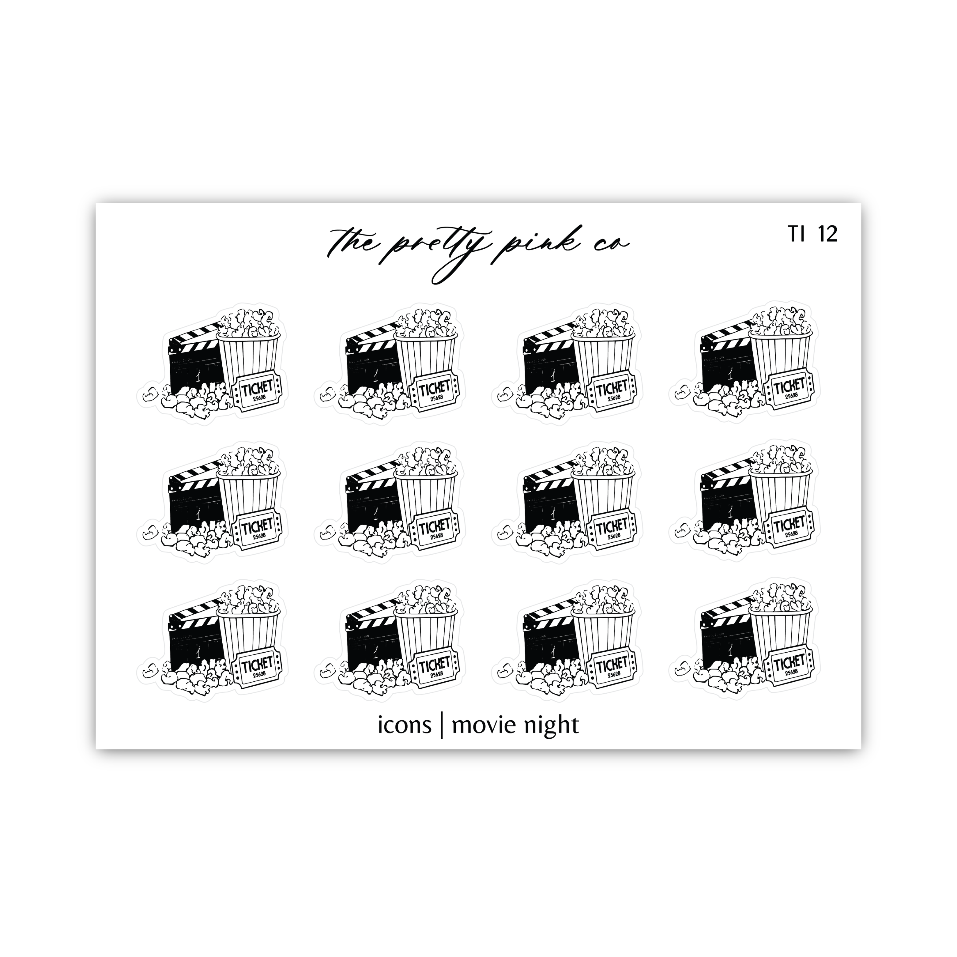a sheet of black and white stickers with a movie scene