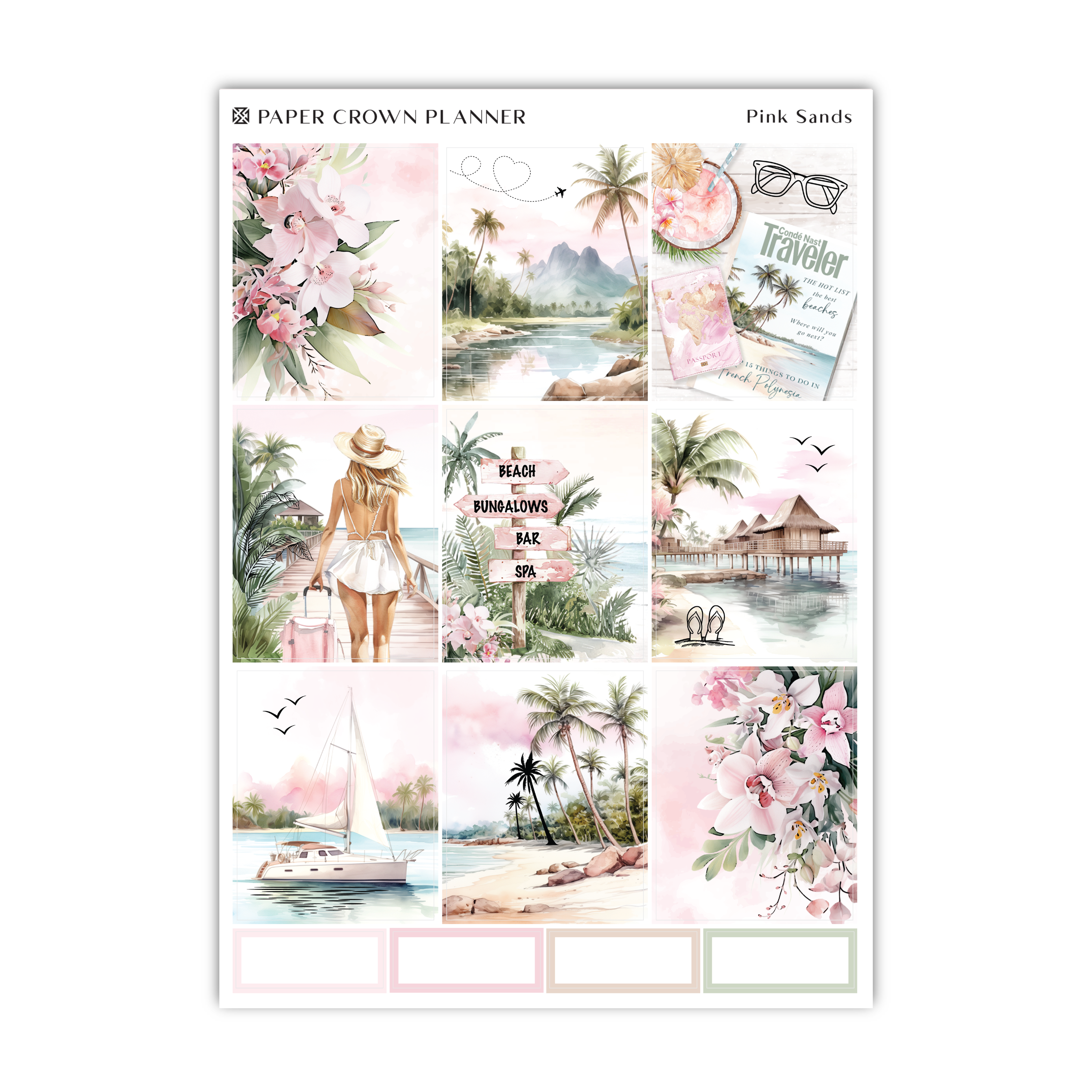 a sticker sheet with pink flowers and palm trees