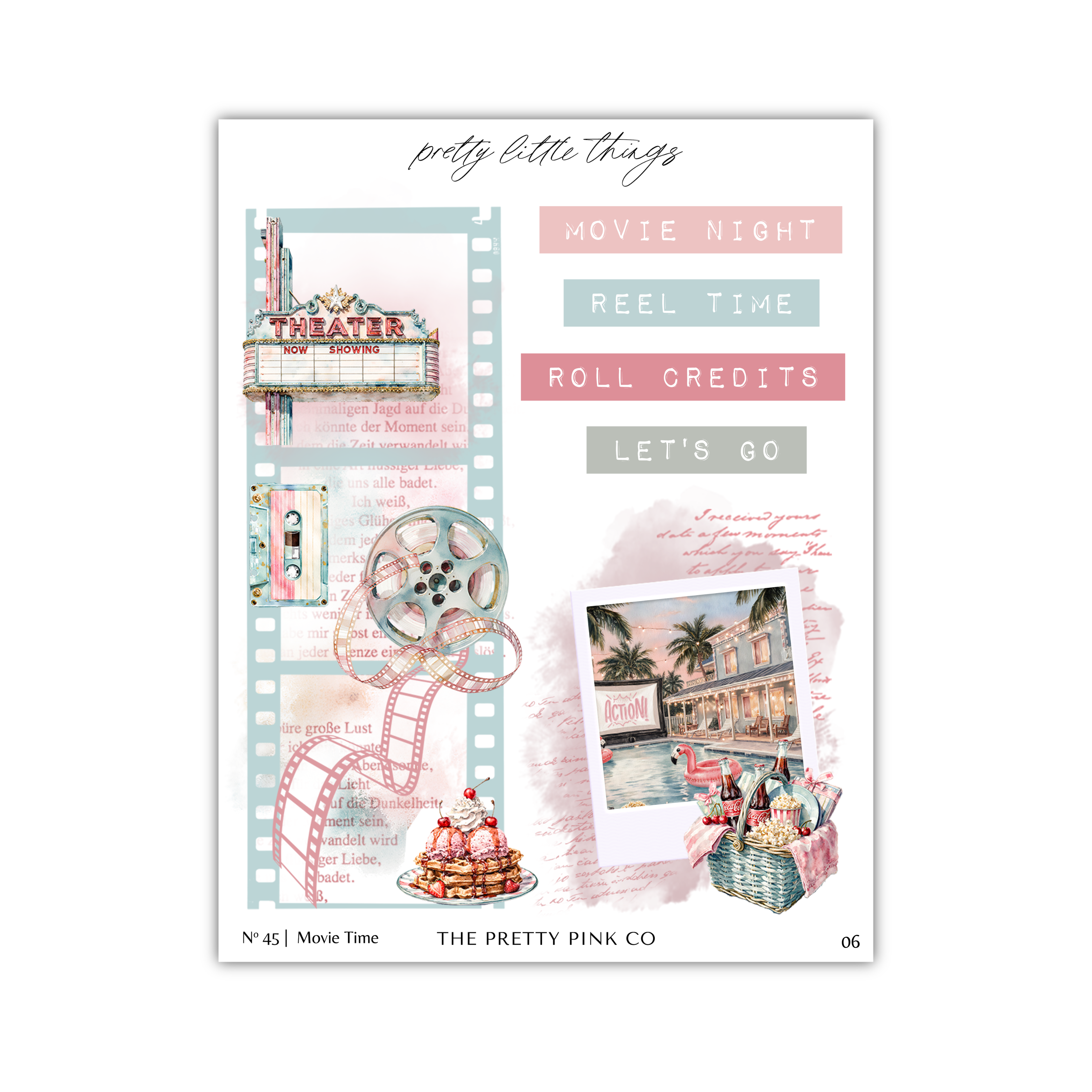 The image is a collage of various movie-related elements, including a theater marquee, filmstrip, and a photograph of a beach scene. The collage also includes text elements such as "Movie Night", "Reel Time", "Roll Credits", and "Let's Go".