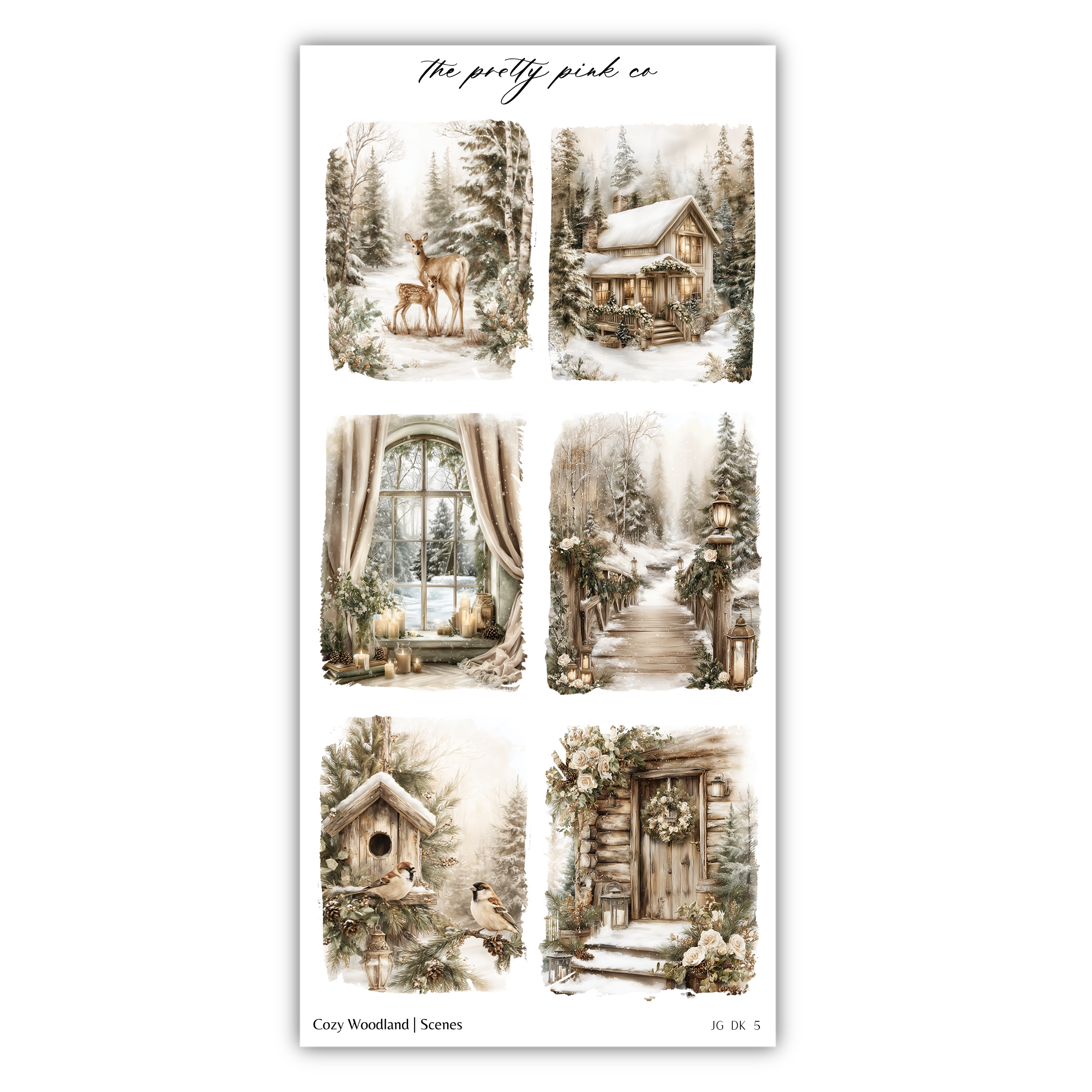 The image is a collage of six winter scenes depicting various elements of a snowy landscape, including a cabin, a deer, a birdhouse, a path, a window, and a door.