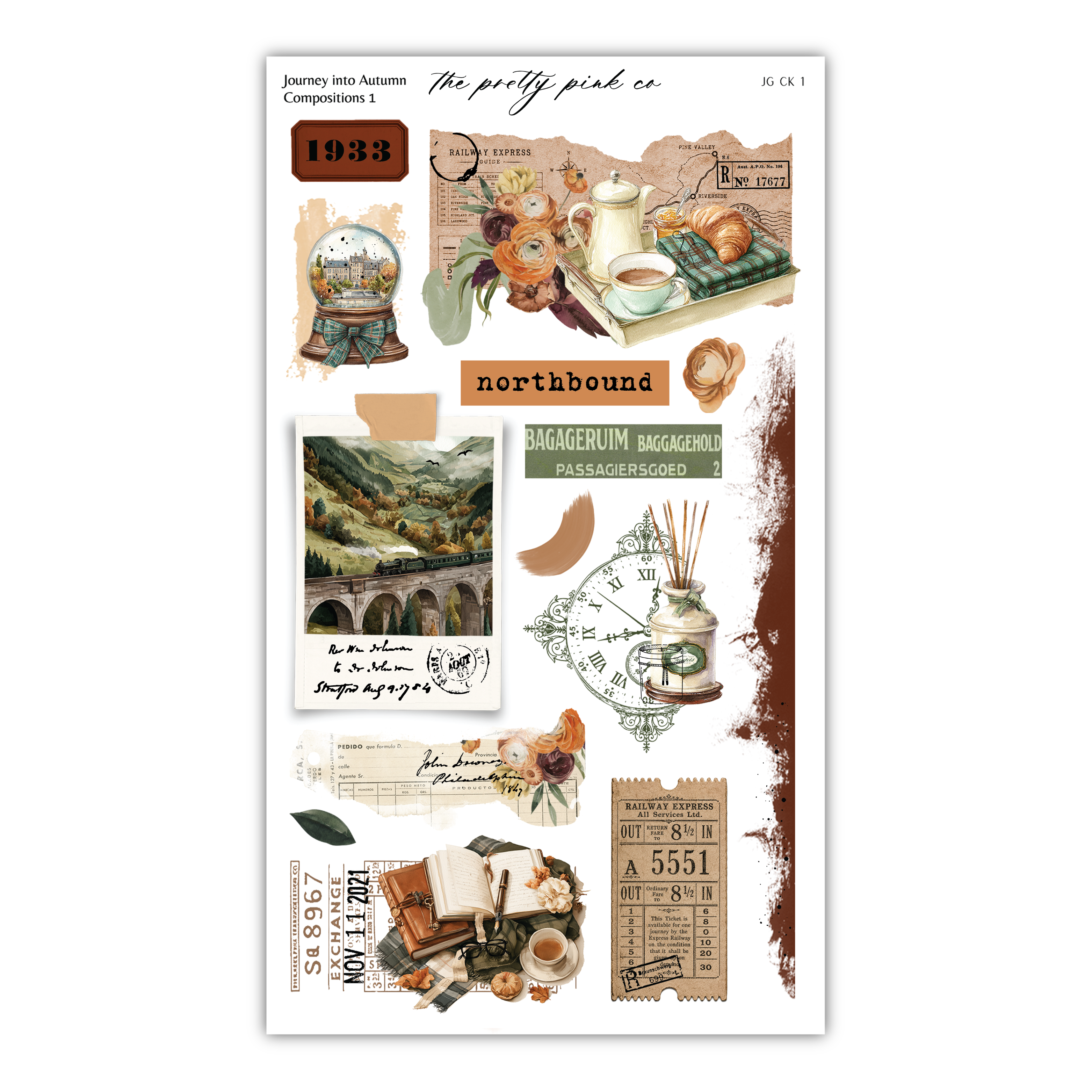 The image is a collage of various vintage-style illustrations and objects, including a clock, a teapot, a snow globe, and other decorative items. The collage appears to be a collection of nostalgic and artistic elements, possibly from a vintage advertisement or a scrapbook page.