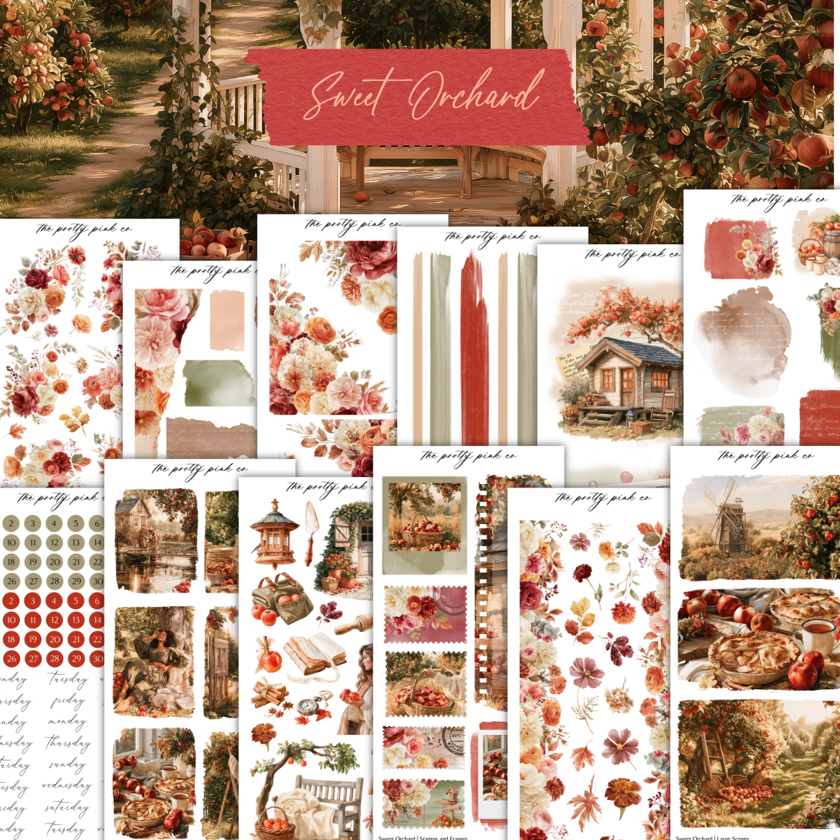 The image is a collage of various autumn-themed images, including a house, trees, flowers, and other seasonal elements. The collage is titled "Sweet Orchard" and includes a red banner with the text "The pretty pink co" at the top.