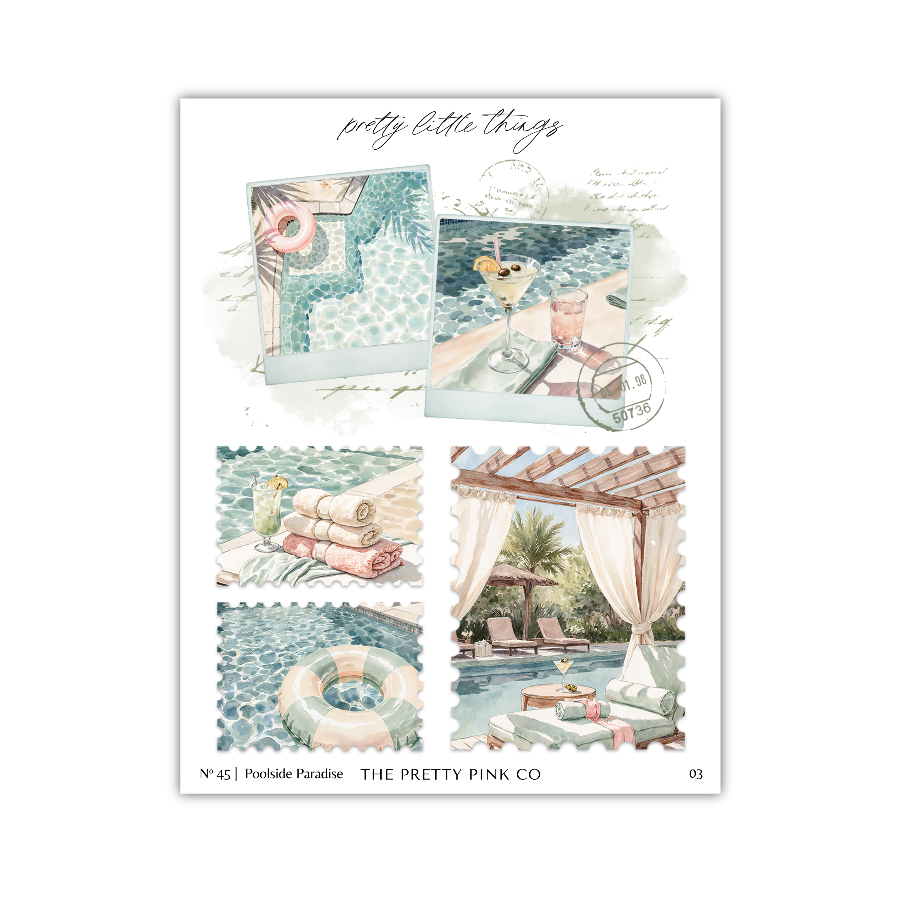 The image is a collage of various summer-themed images, including a pool, a hot tub, a lounge chair, a towel, a cocktail glass, and a beach umbrella. The collage is titled "pretty little things" and is part of a series by The Pretty Pink Co.
