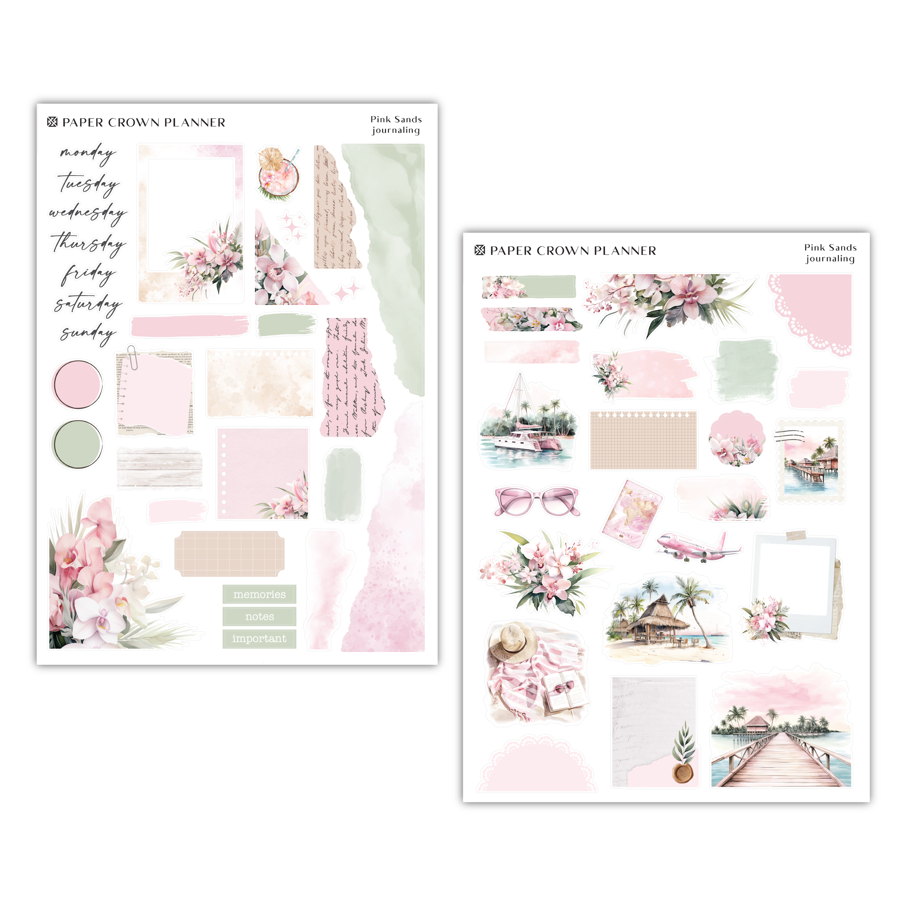 two sheets of paper with pink flowers on them