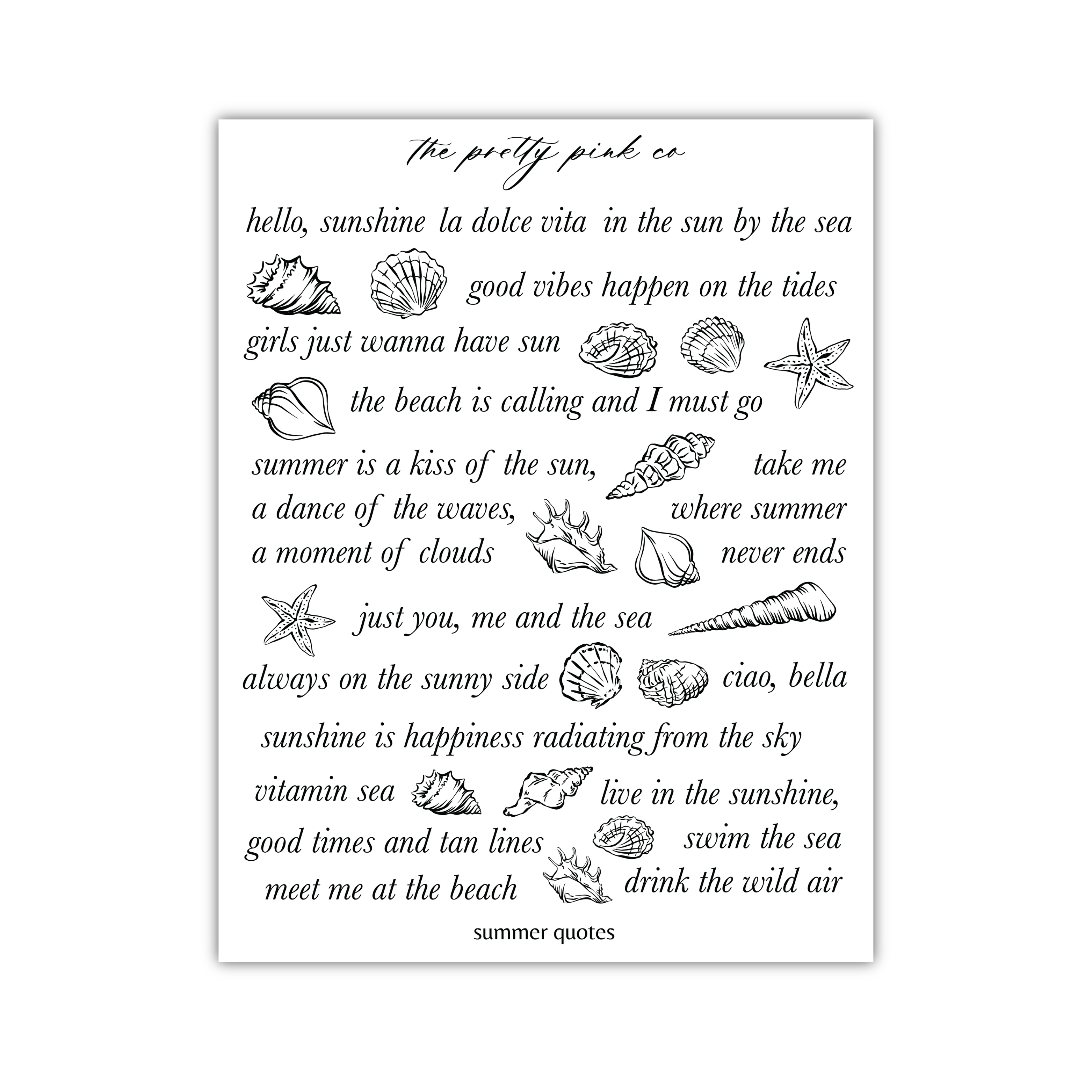 a collection of summer-themed illustrations and text, including seashells, starfish, and other beach-related objects. The text is arranged in a visually appealing manner, conveying the essence of summer through its imagery and wording.