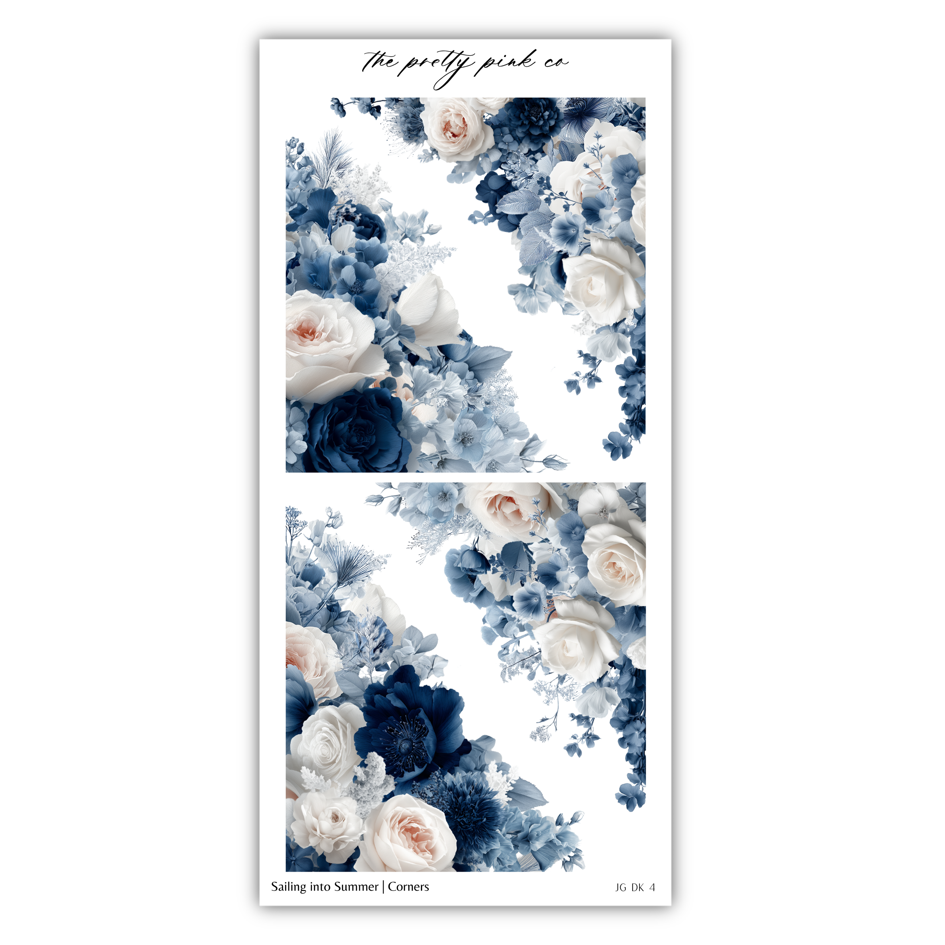 The image is a collage of two pictures featuring a beautiful arrangement of blue and white flowers, including roses and other blooms. The flowers are arranged in a way that creates a sense of movement and depth, with the blue and white colors contrasting with the white background. The collage is titled "Sailing into Summer" and includes the text "The pretty pink co" at the top.