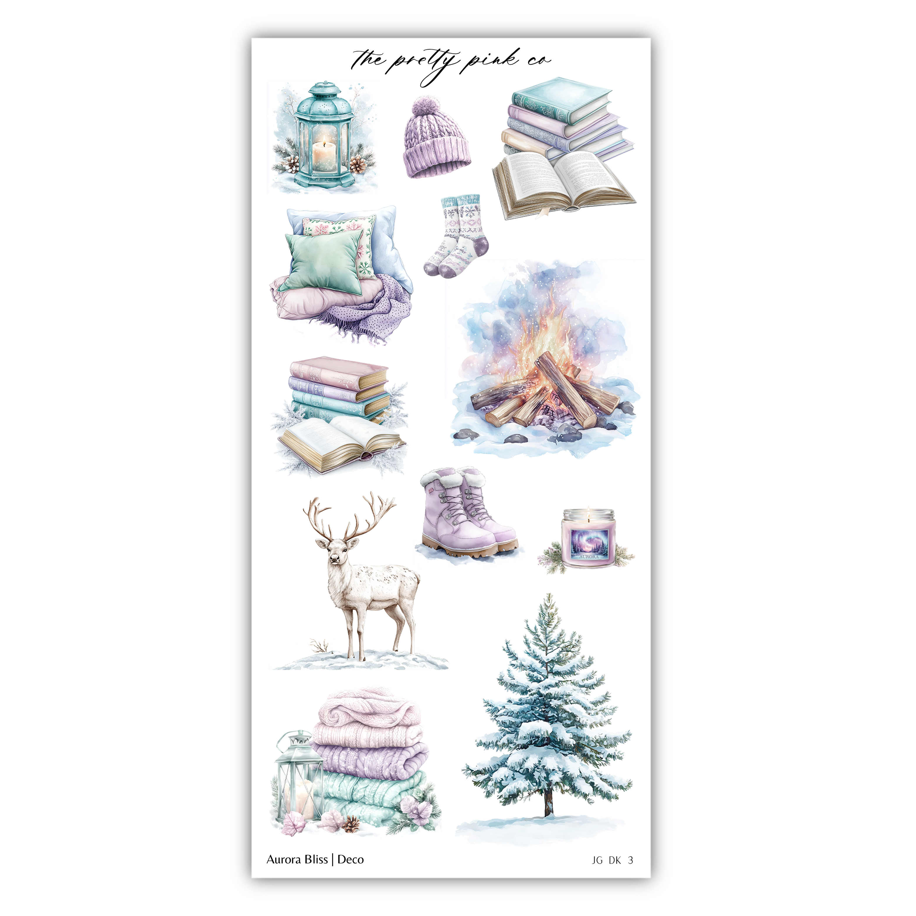 a sheet of stickers with winter items