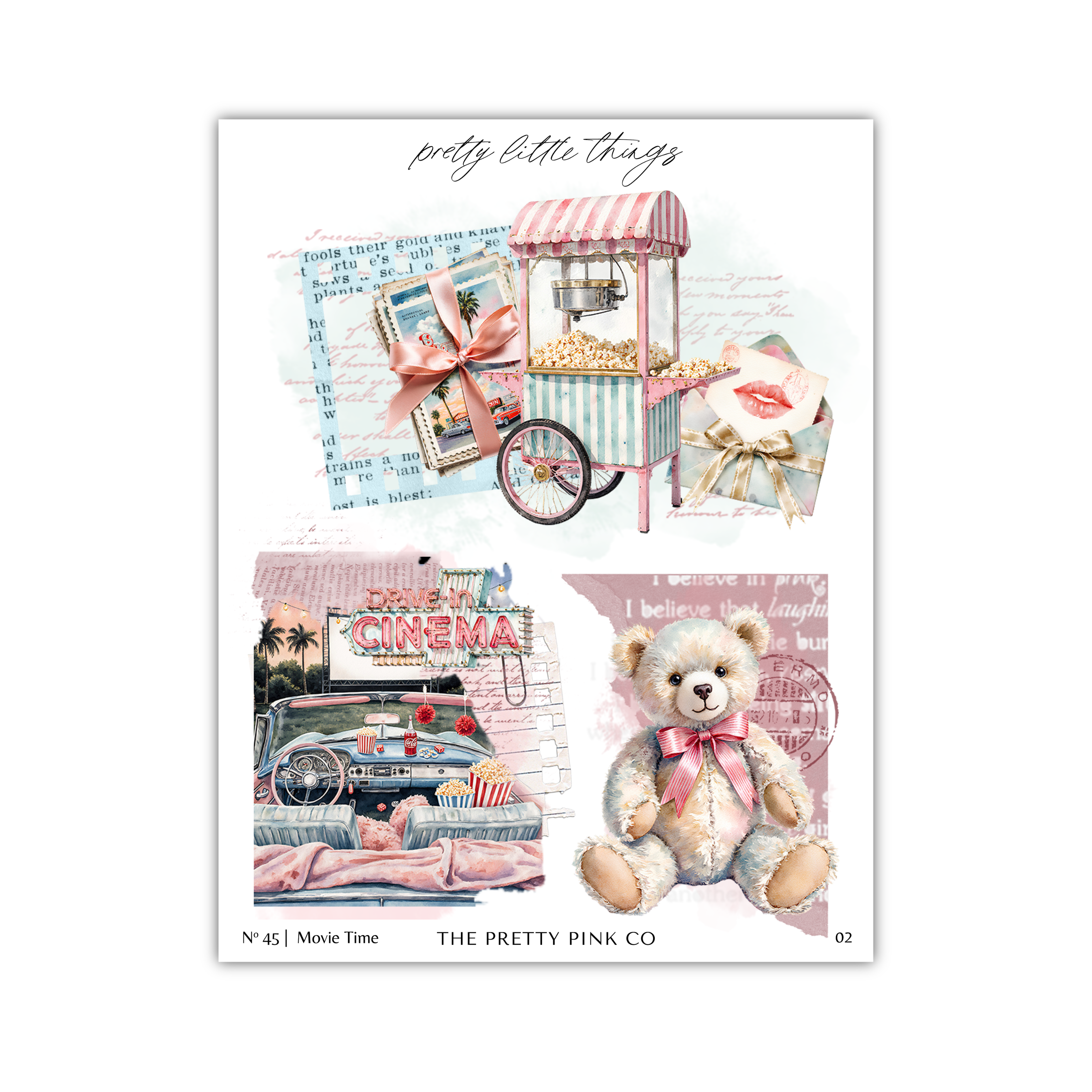 The image is a collage of various vintage-style illustrations, including a popcorn cart, a teddy bear, and a car. The collage is titled "pretty little things" and features a pink and white striped umbrella, a pink and white striped awning, and a pink and white striped car.