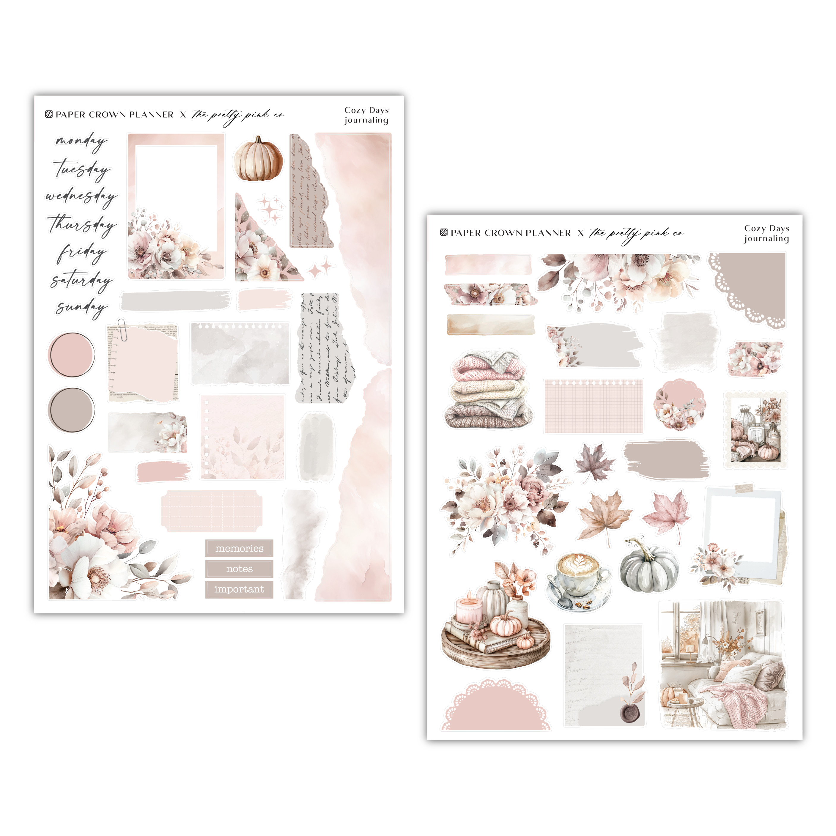 two pages of a planner sticker with flowers and leaves