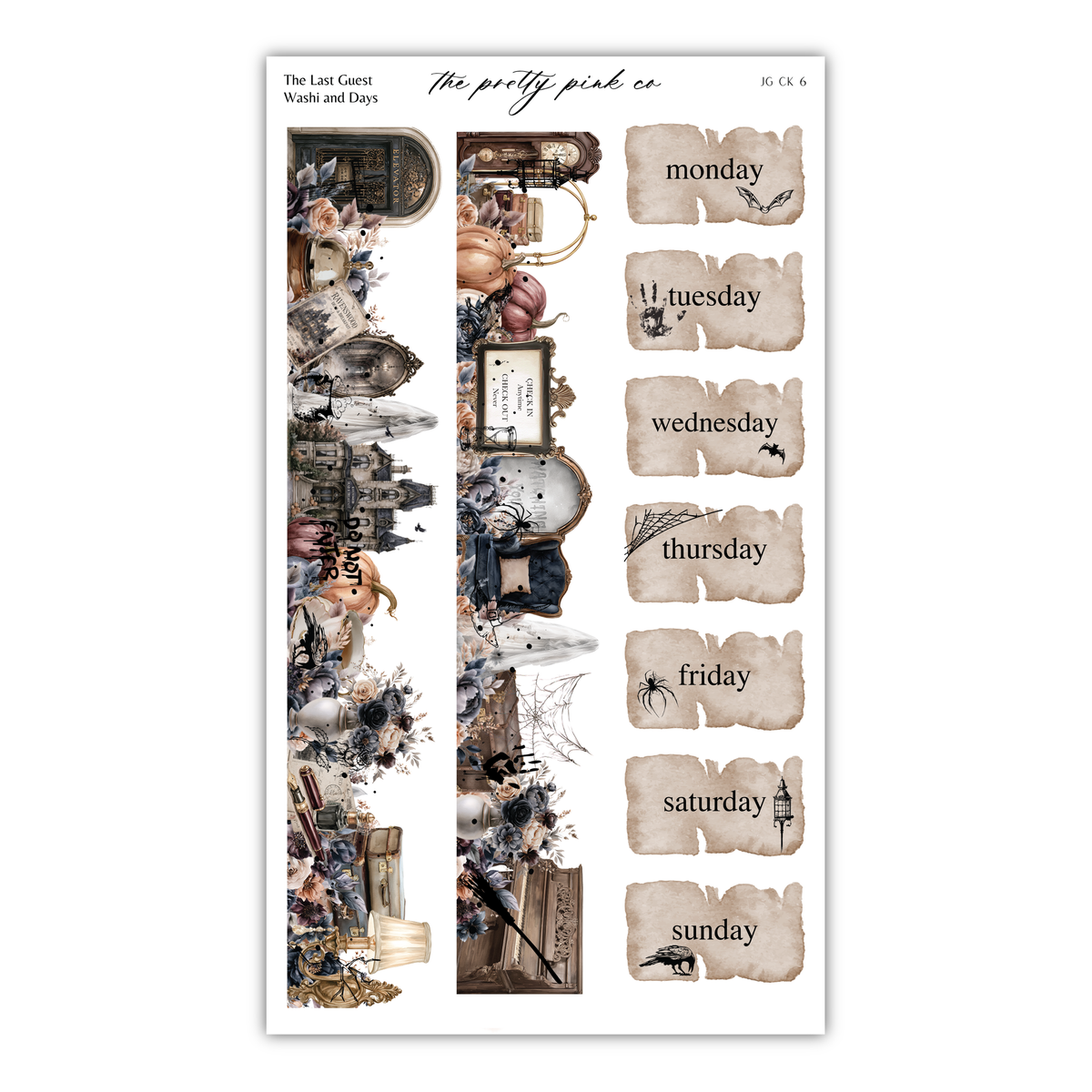 The image is a collage of various images, including a clock, a castle, a spider, and other Halloween-themed elements, arranged in a grid format.