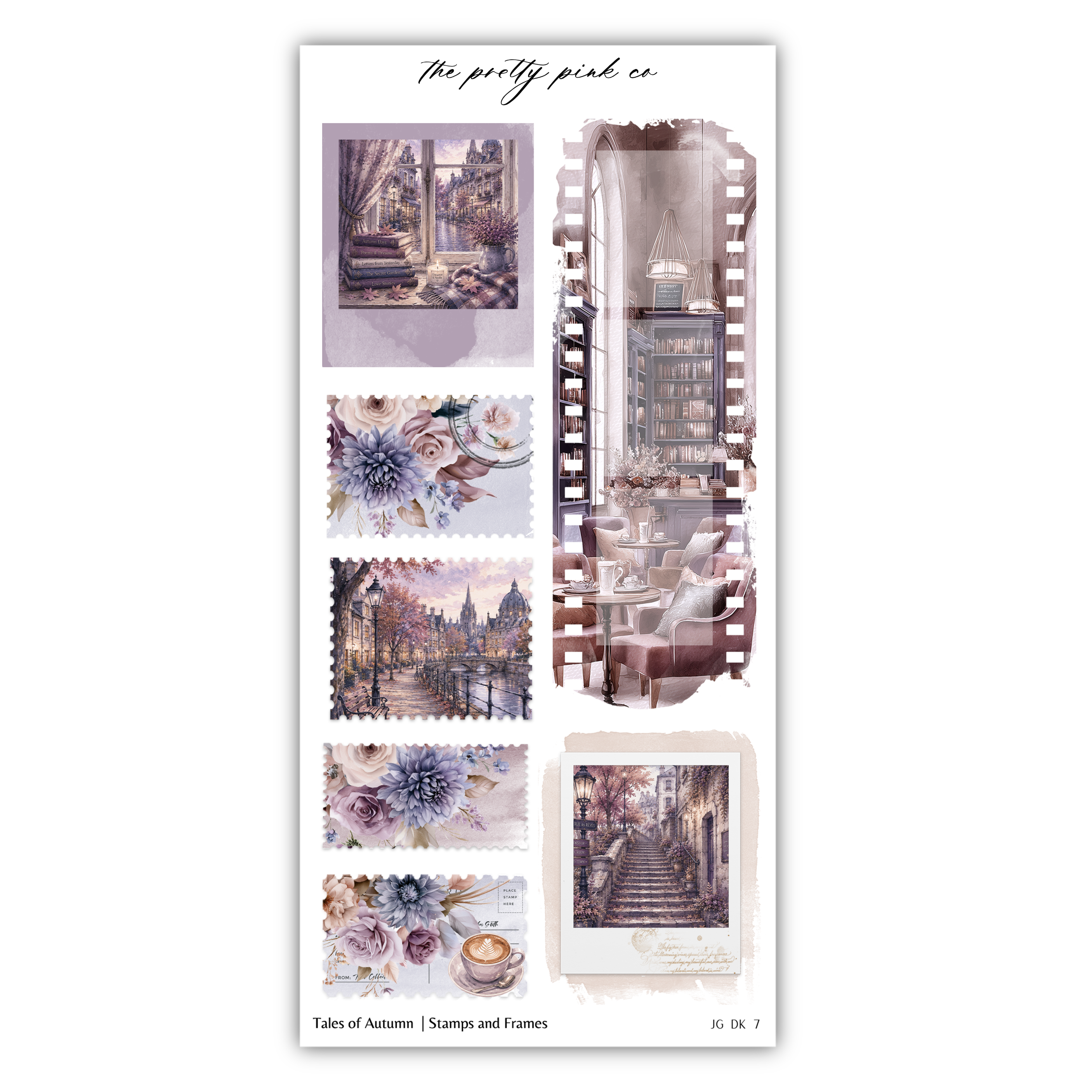 The image is a collage of various artistic and decorative elements, including stamps, frames, and floral designs, all set against a purple and white color scheme.